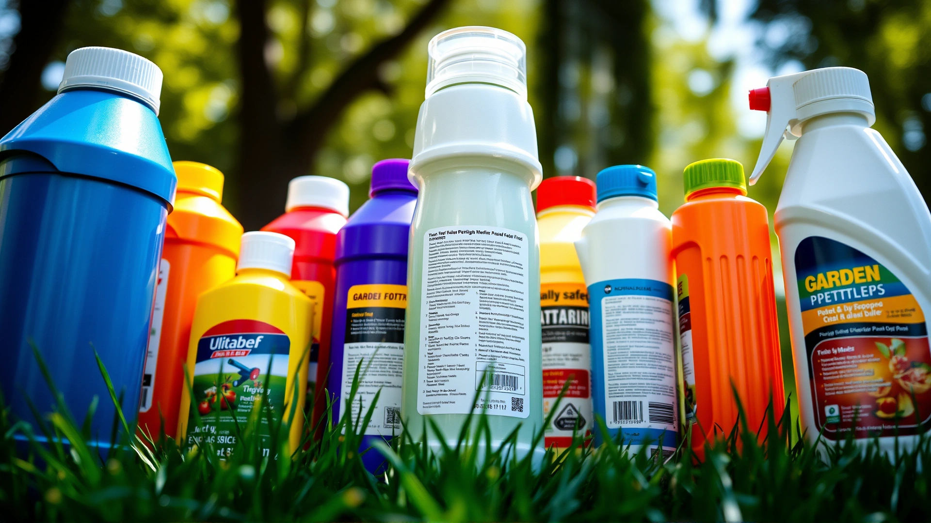 Macro shot of colorful garden pesticide bottles standing on grass, labels turned away, bright outdoor sunlight.