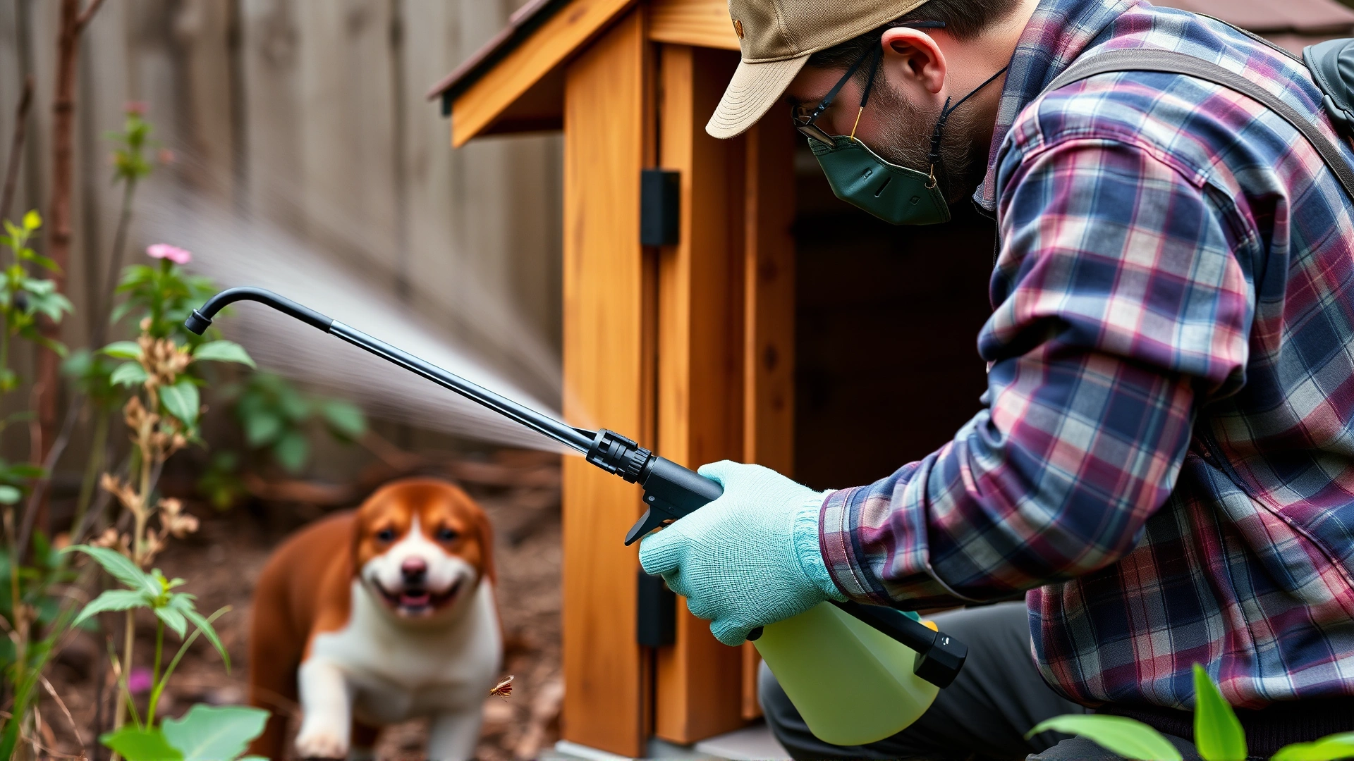 Garden worker wearing gloves and mask applying yard insecticide with a pump sprayer around a dog house—demonstrates safe chemical application.