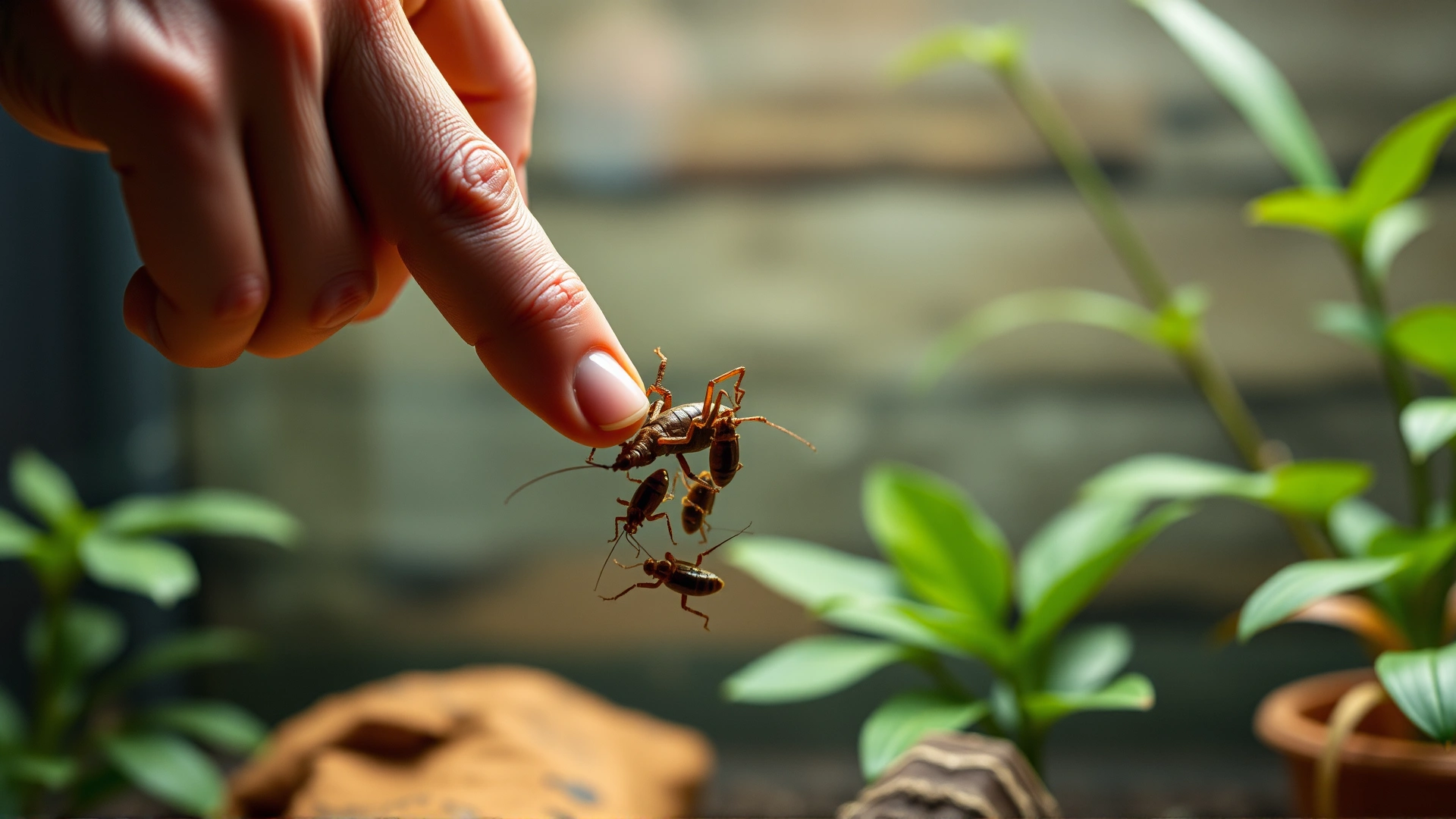 Hand releasing live crickets into a reptile enclosure with blurred natural background plants.