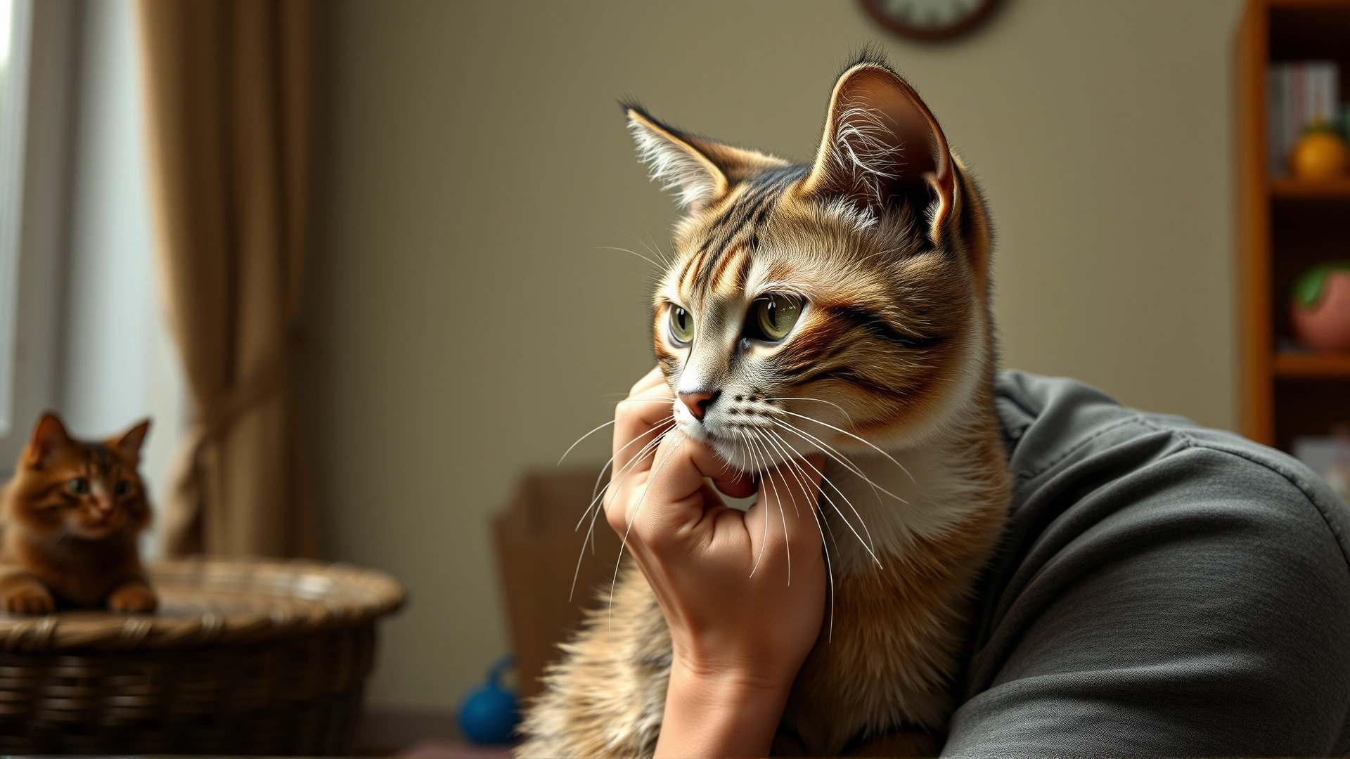 Frustrated cat breeder looking at a female cat that did not conceive, cozy home breeding room setting.
