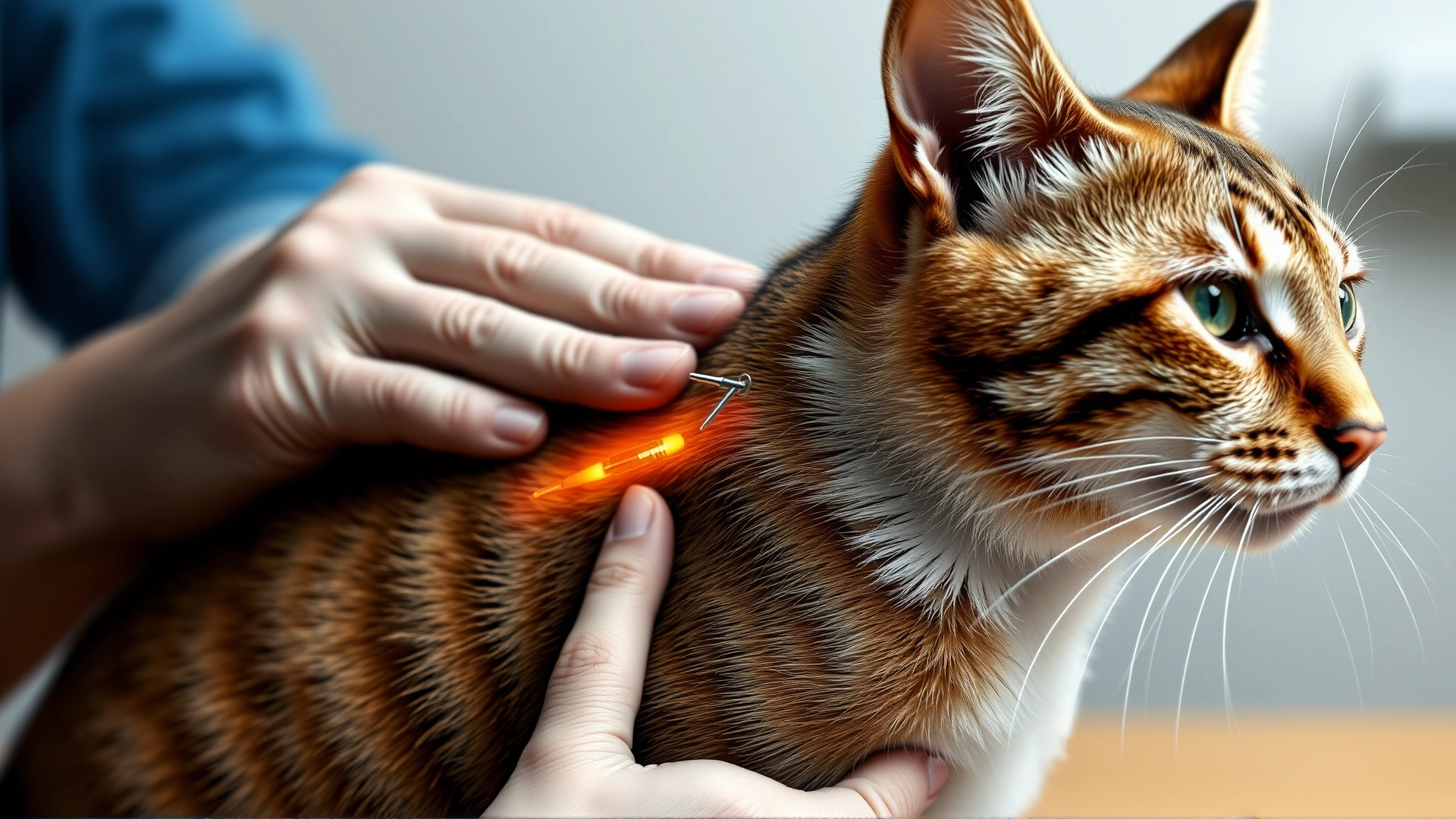 Diagram-style photo showing a cat with a hand creating a skin tent between the shoulder blades, ready for needle insertion, soft focus on pet to keep it realistic