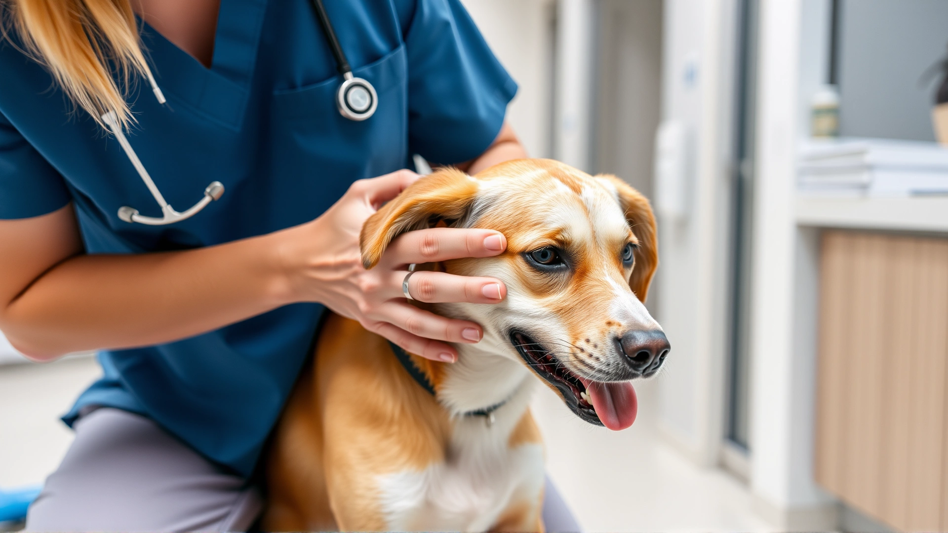 Veterinarian gently palpating a dog’s abdomen during a routine check-up inside a modern clinic; focus on doctor’s hands and calm dog