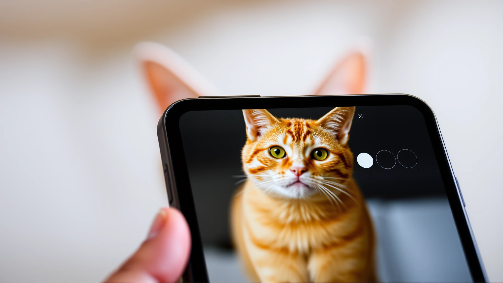 Close-up of a smartphone displaying an Instagram profile featuring an adoptable orange tabby cat, with the real cat blurred in the background; shallow depth of field emphasizes the screen.