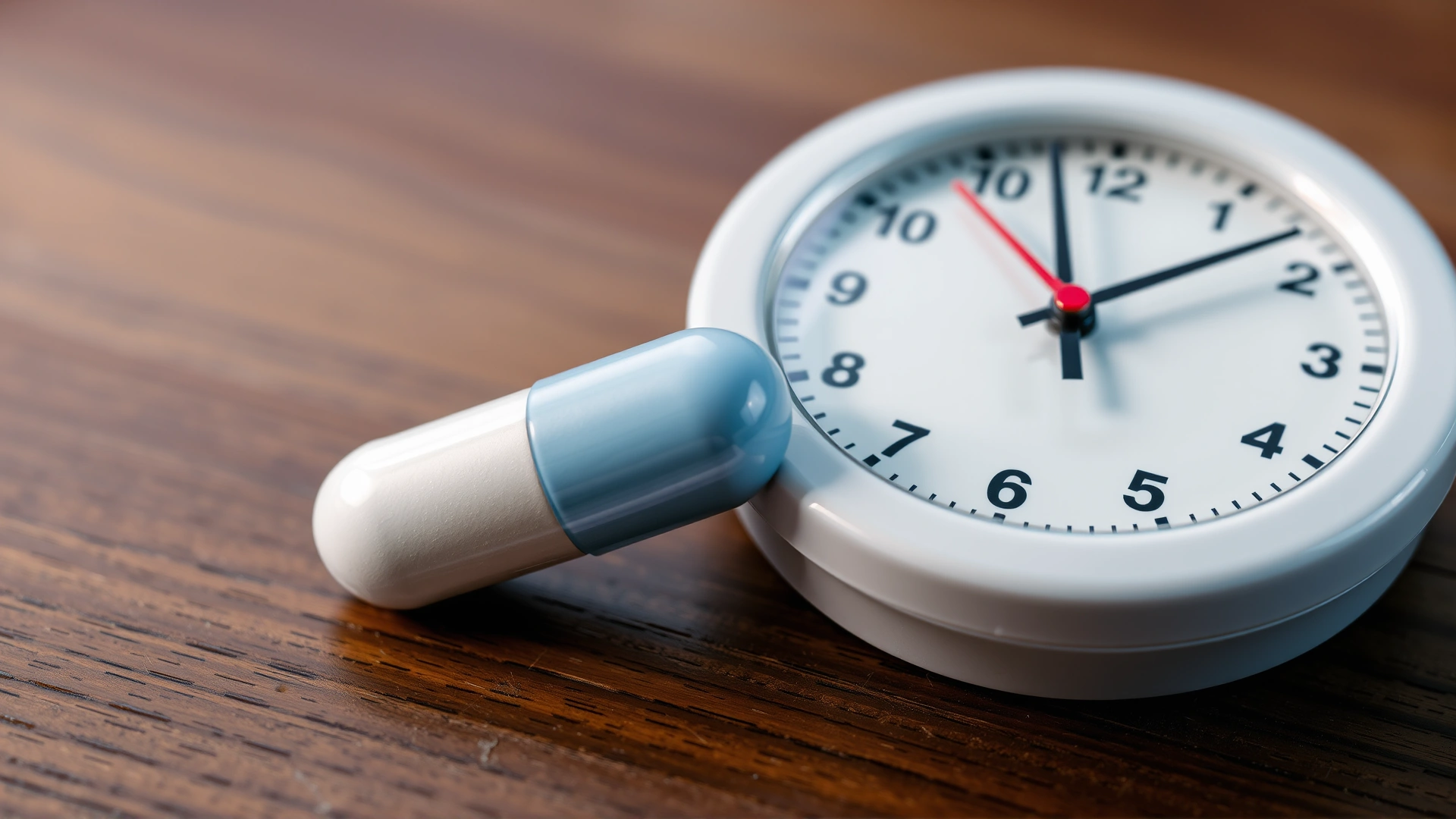 Close-up of a Capstar-like pill next to a clock indicating 24 hours, placed on a wooden table