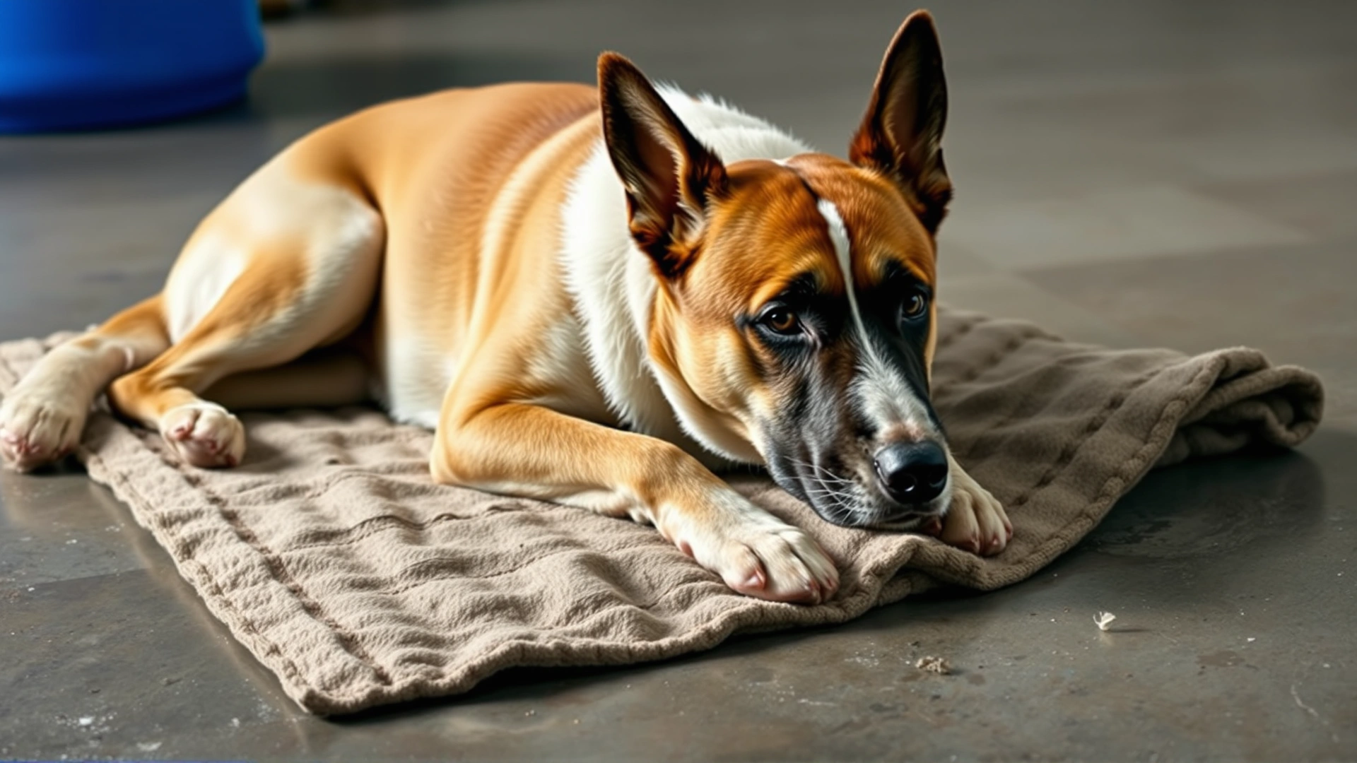 Dog lying directly on a hard concrete floor with only a thin, worn blanket underneath.