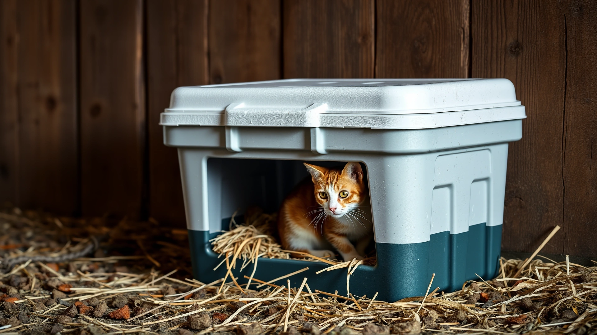 DIY insulated cat shelter made from a repurposed plastic cooler, lined with straw, positioned against a barn wall