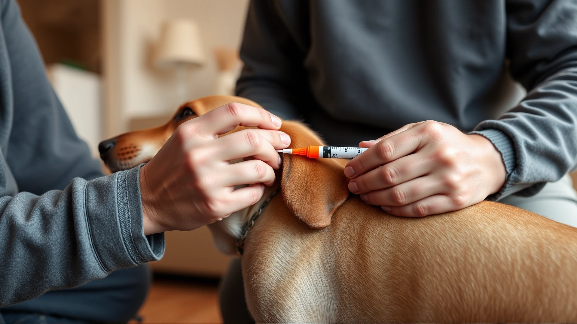 Owner calmly administering an insulin shot to a calm senior dog, showing only hands and dog’s torso, indoor warm lighting