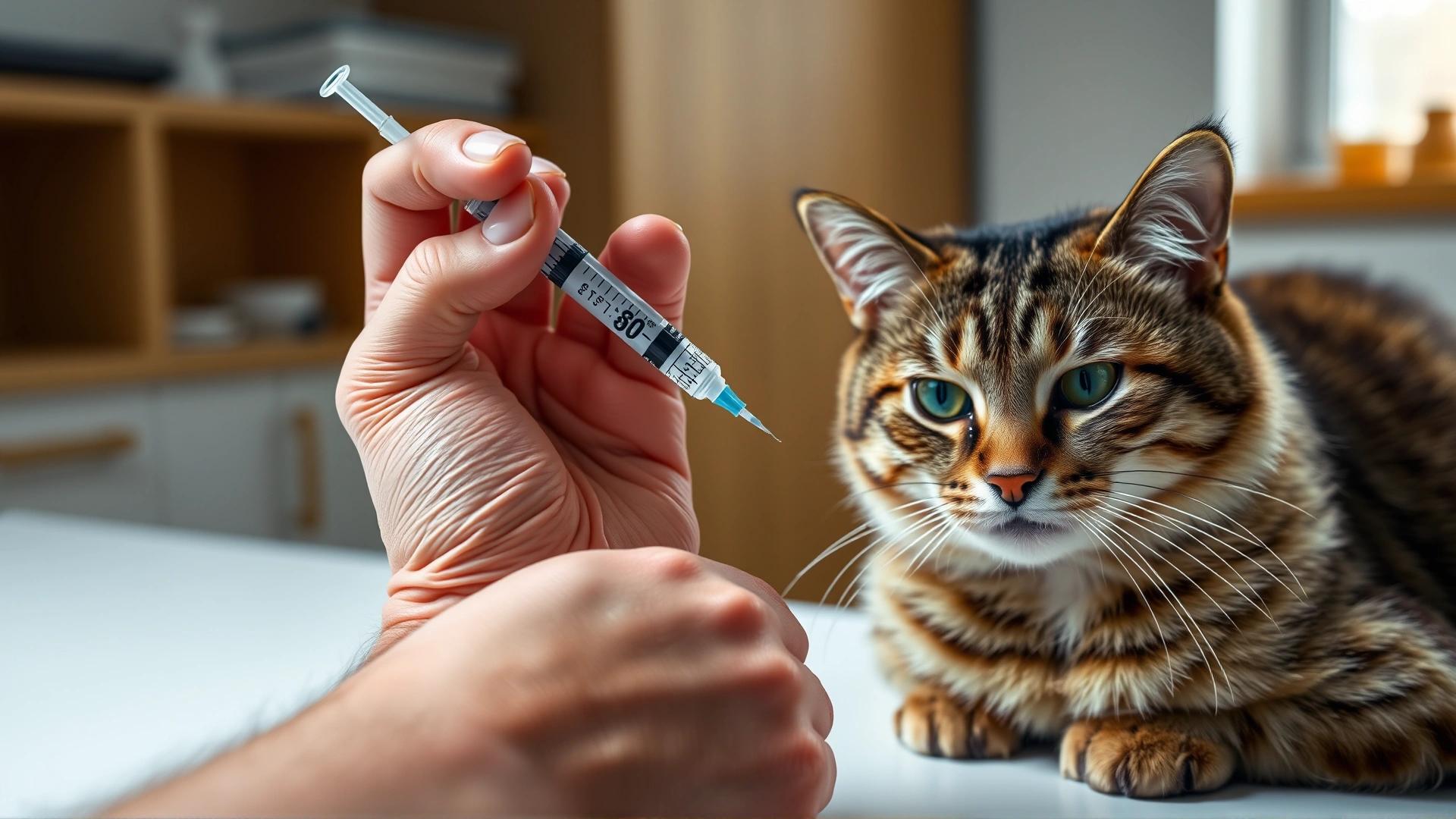 Human hands correctly drawing insulin into a U-40 syringe with a calm tabby cat sitting nearby on the counter
