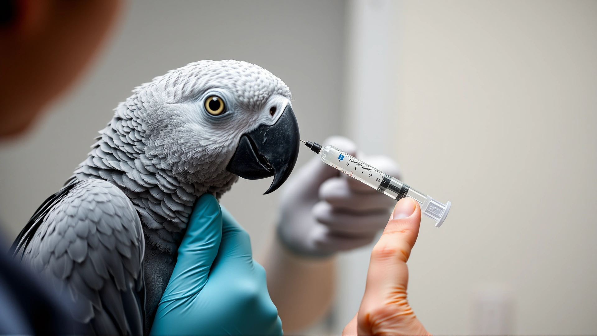 Pet owner administering a precise insulin injection to an African grey parrot under veterinary supervision, calm atmosphere