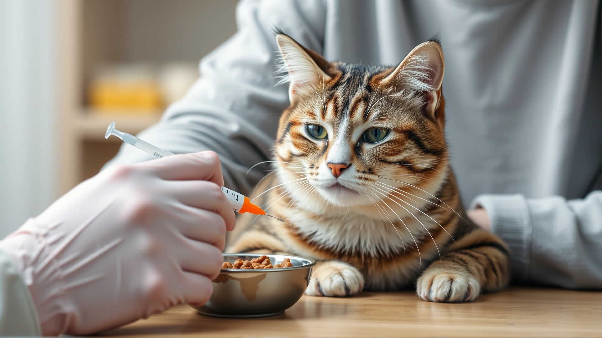 Owner gently injecting insulin into the scruff of a calm domestic shorthair cat while the cat eats wet food from a bowl