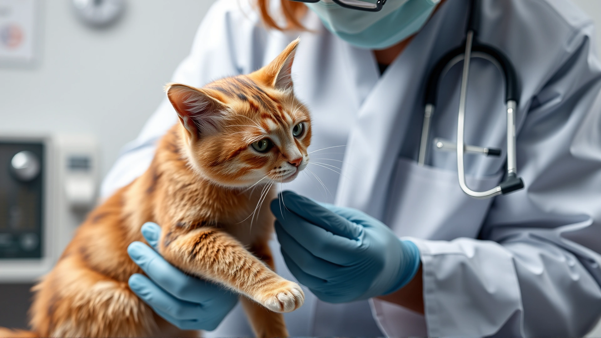 Veterinarian demonstrating how to administer an insulin injection to a cat using a plush model, clinical setting