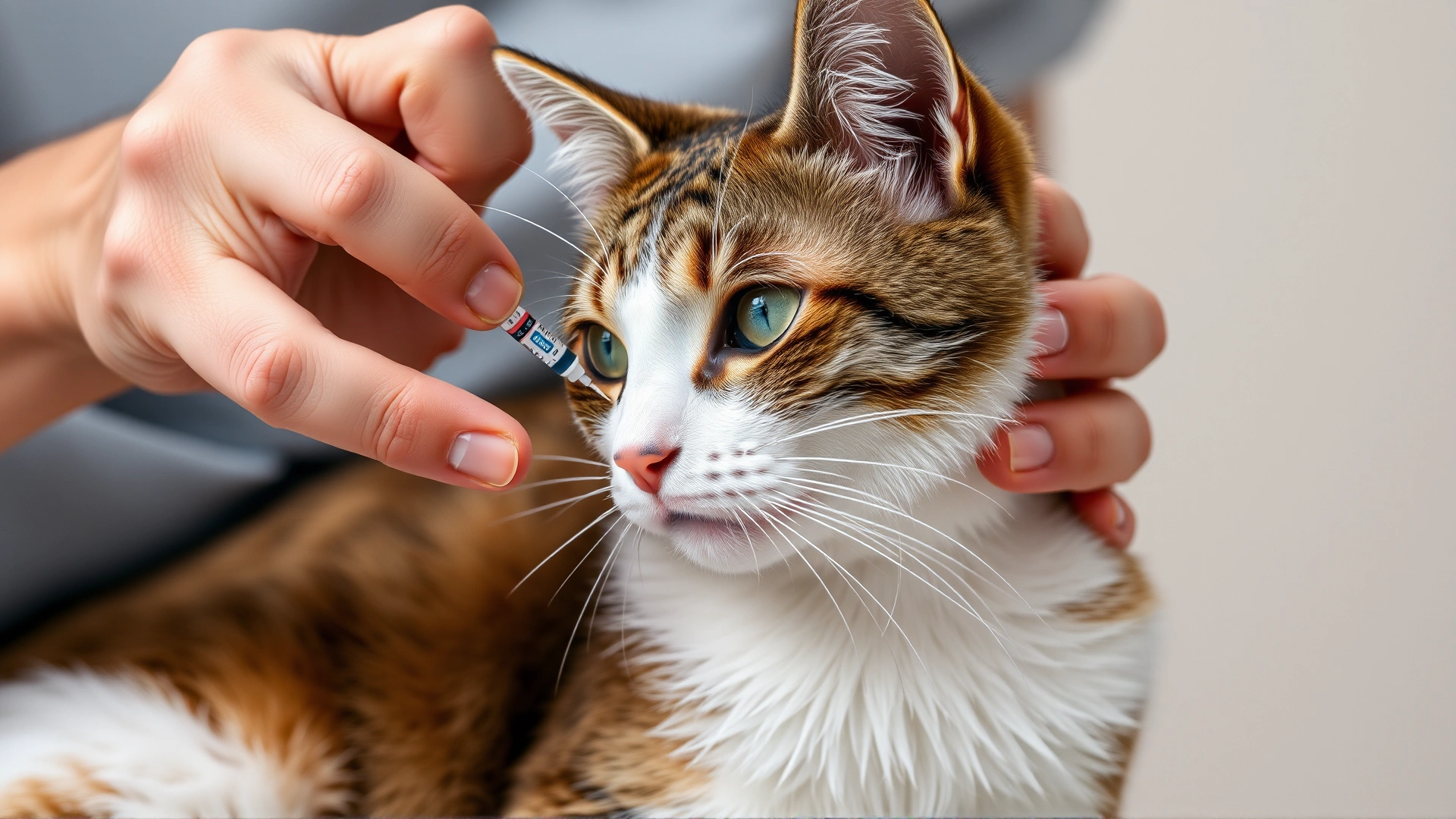 High-resolution image of a cat owner gently administering an insulin injection under the skin at the scruff area, calm cat, neutral background