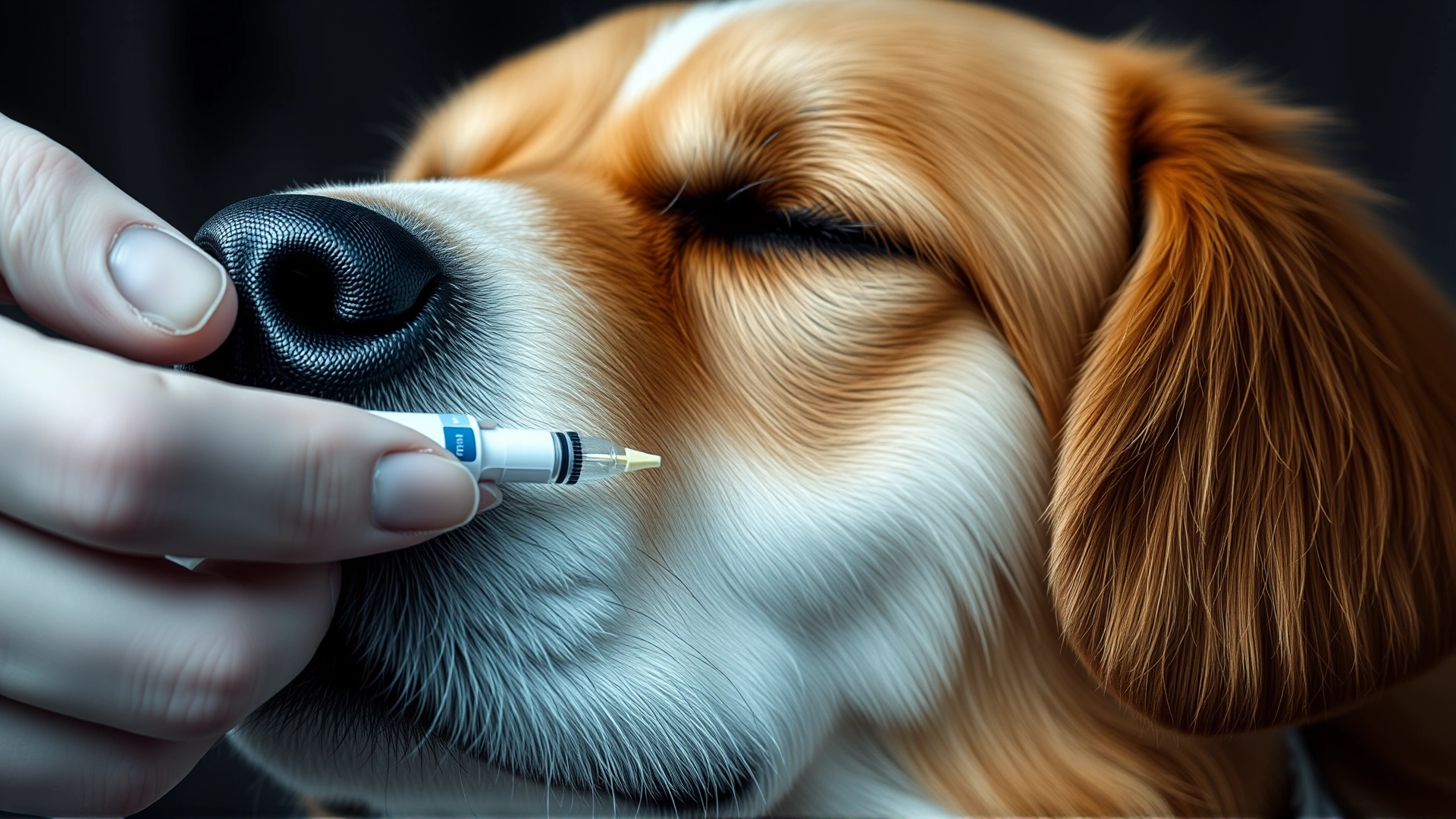 Close-up of hands gently administering an insulin injection to a calm dog’s scruff using an insulin pen.