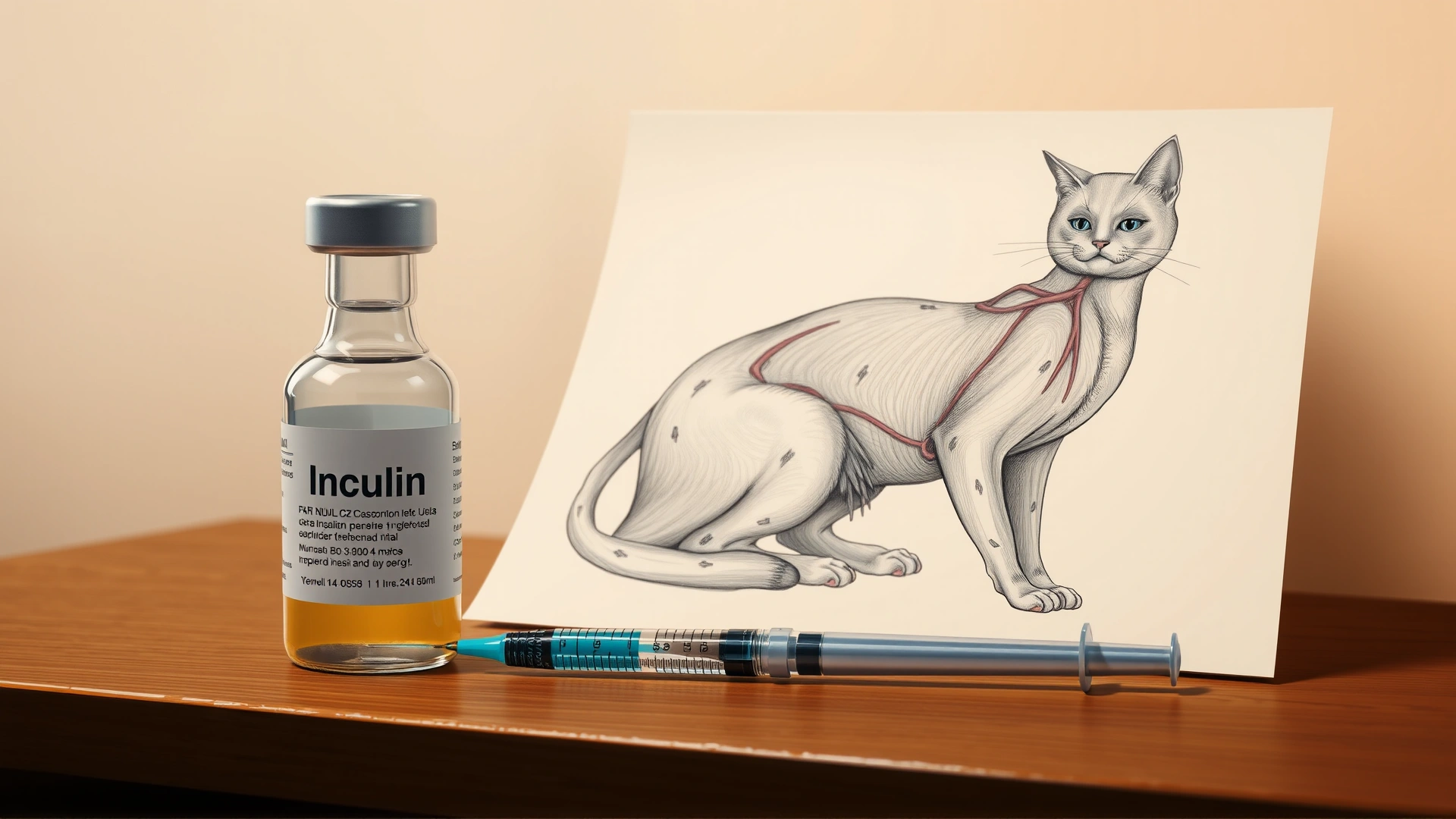 Illustrative still-life of a vial of insulin and a syringe next to an anatomical drawing of a cat on a table, warm neutral background