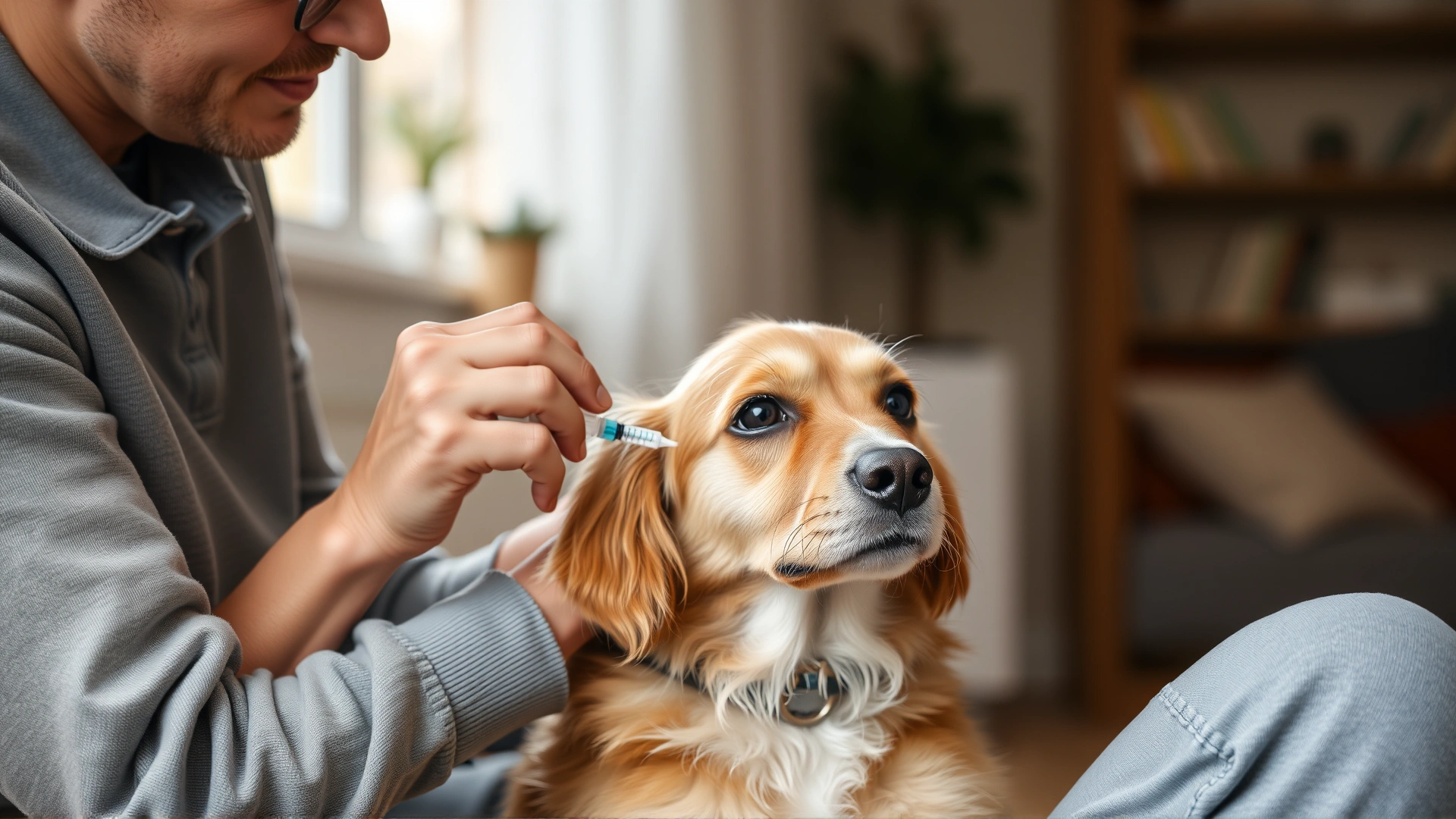Pet owner calmly administering an insulin injection to a medium-sized dog at home, soft natural lighting