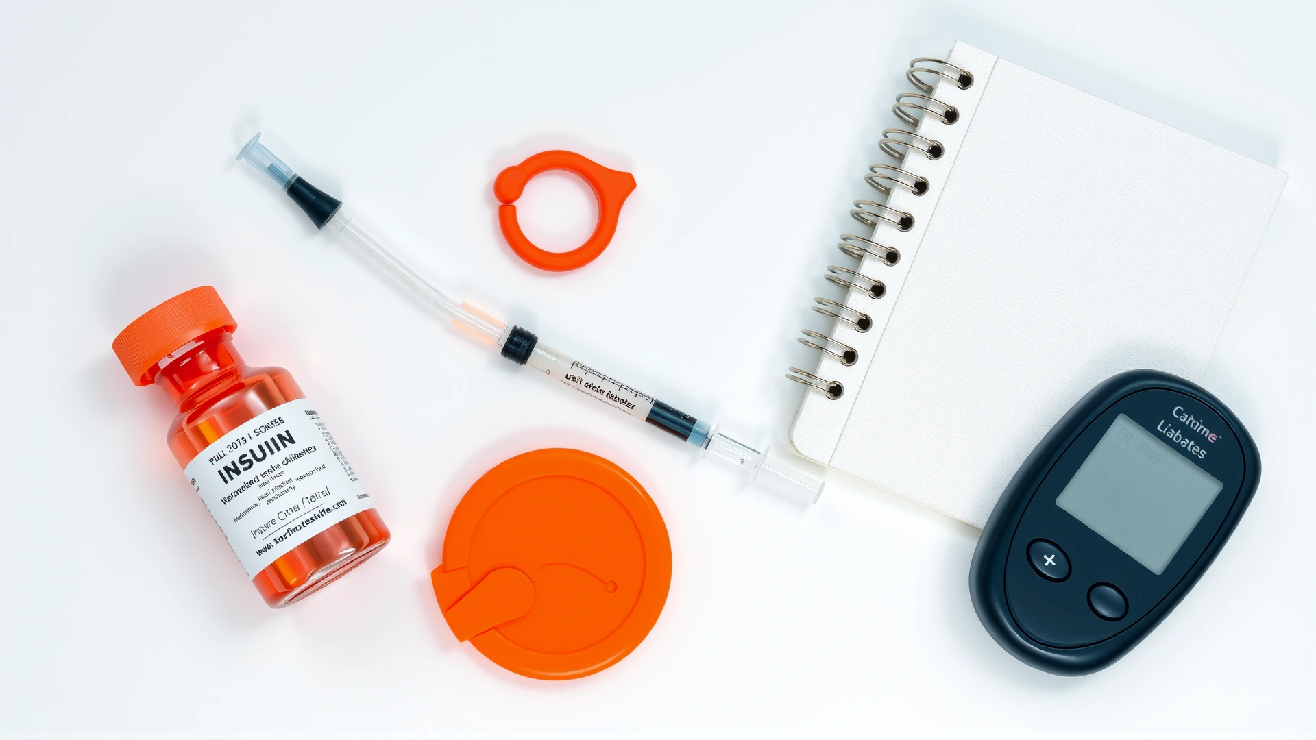 Flat-lay of canine diabetes management tools: insulin vial, syringes, glucometer, and notebook on a clean white surface.