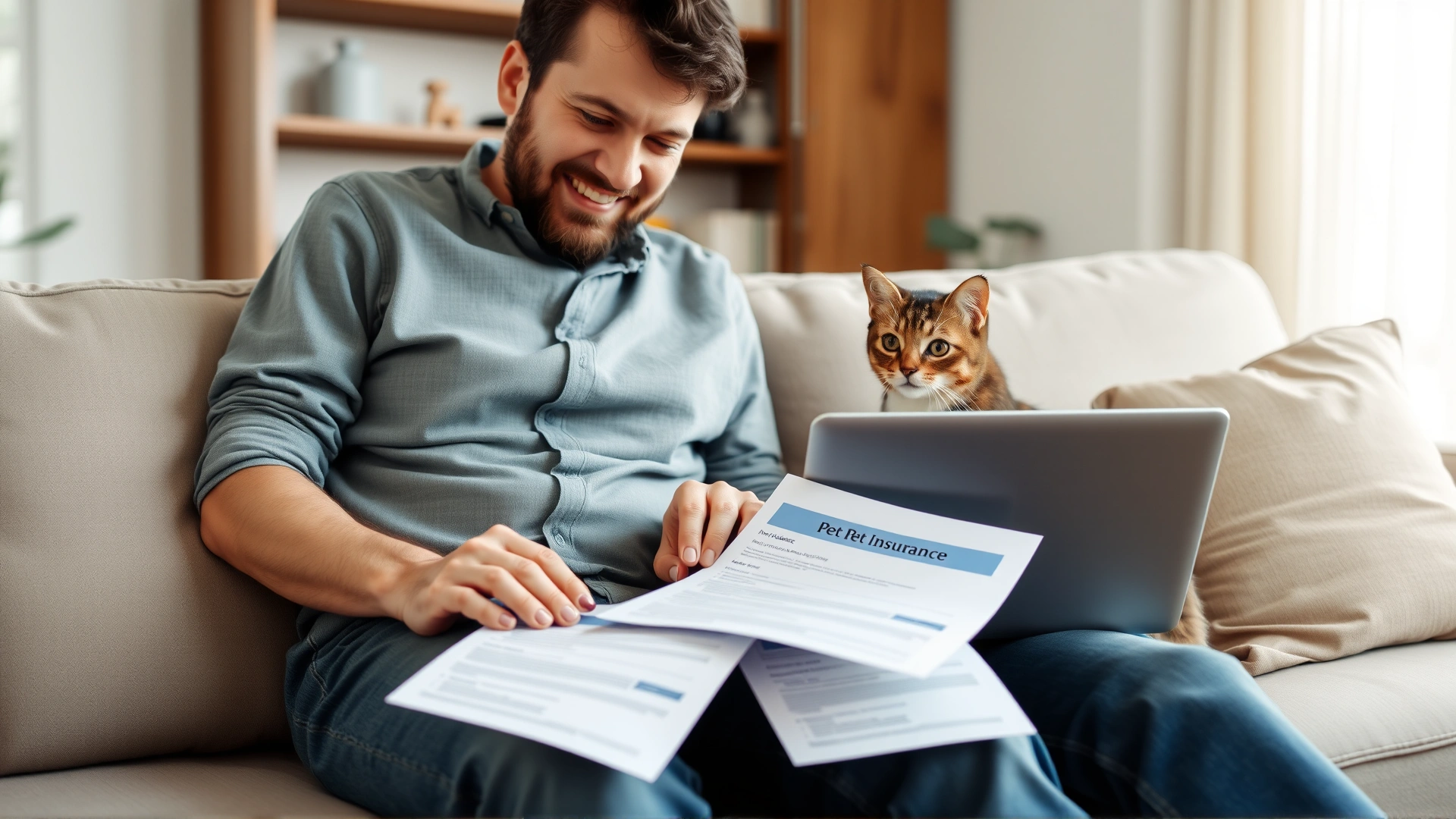 Pet owner sitting on a sofa with a laptop and printed pet insurance documents, a curious cat sitting beside them, bright living room.