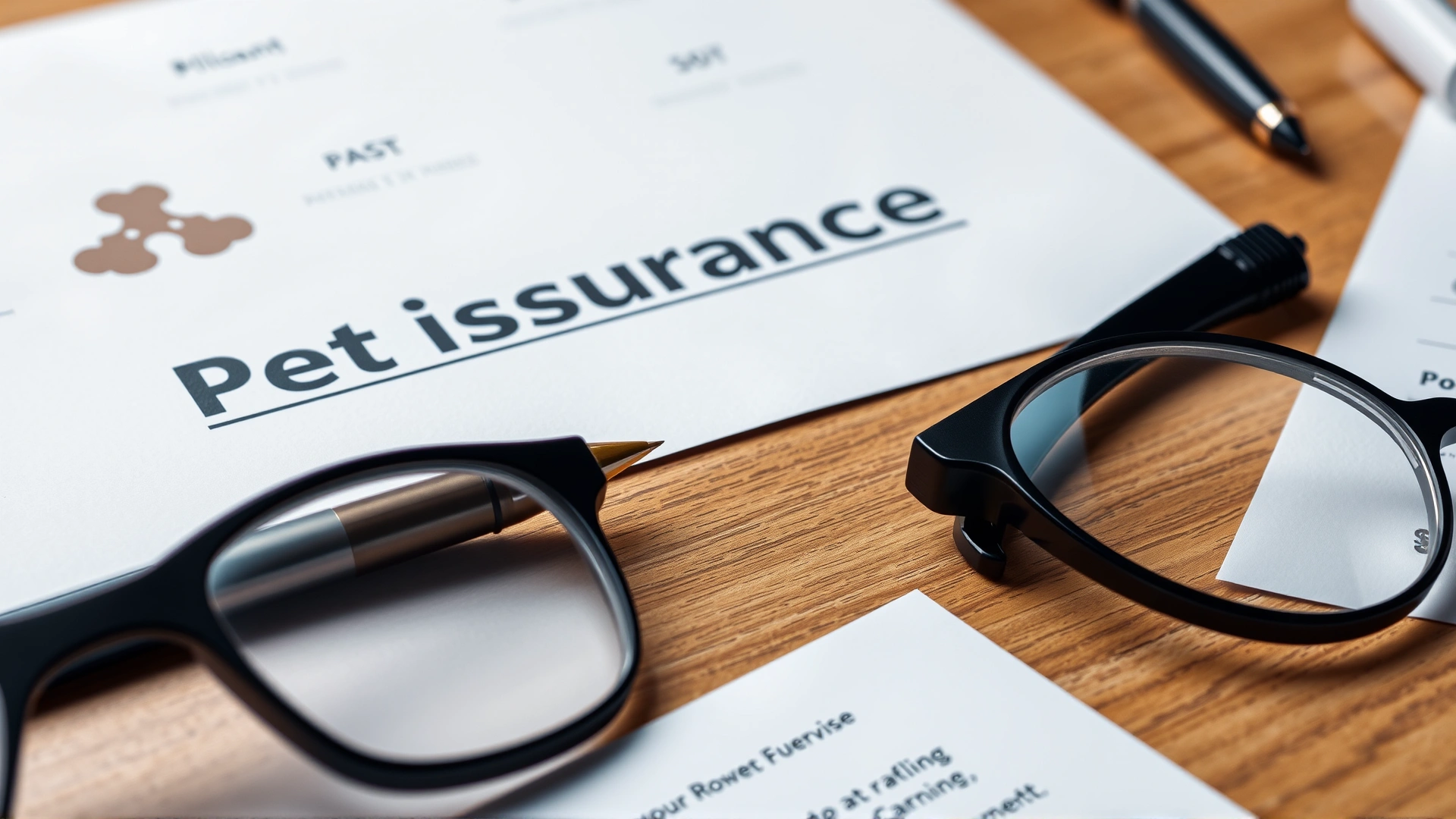 Close-up of pet insurance application forms, a pen, and reading glasses laid out on a wooden desk, suggesting paperwork involved in choosing a policy.