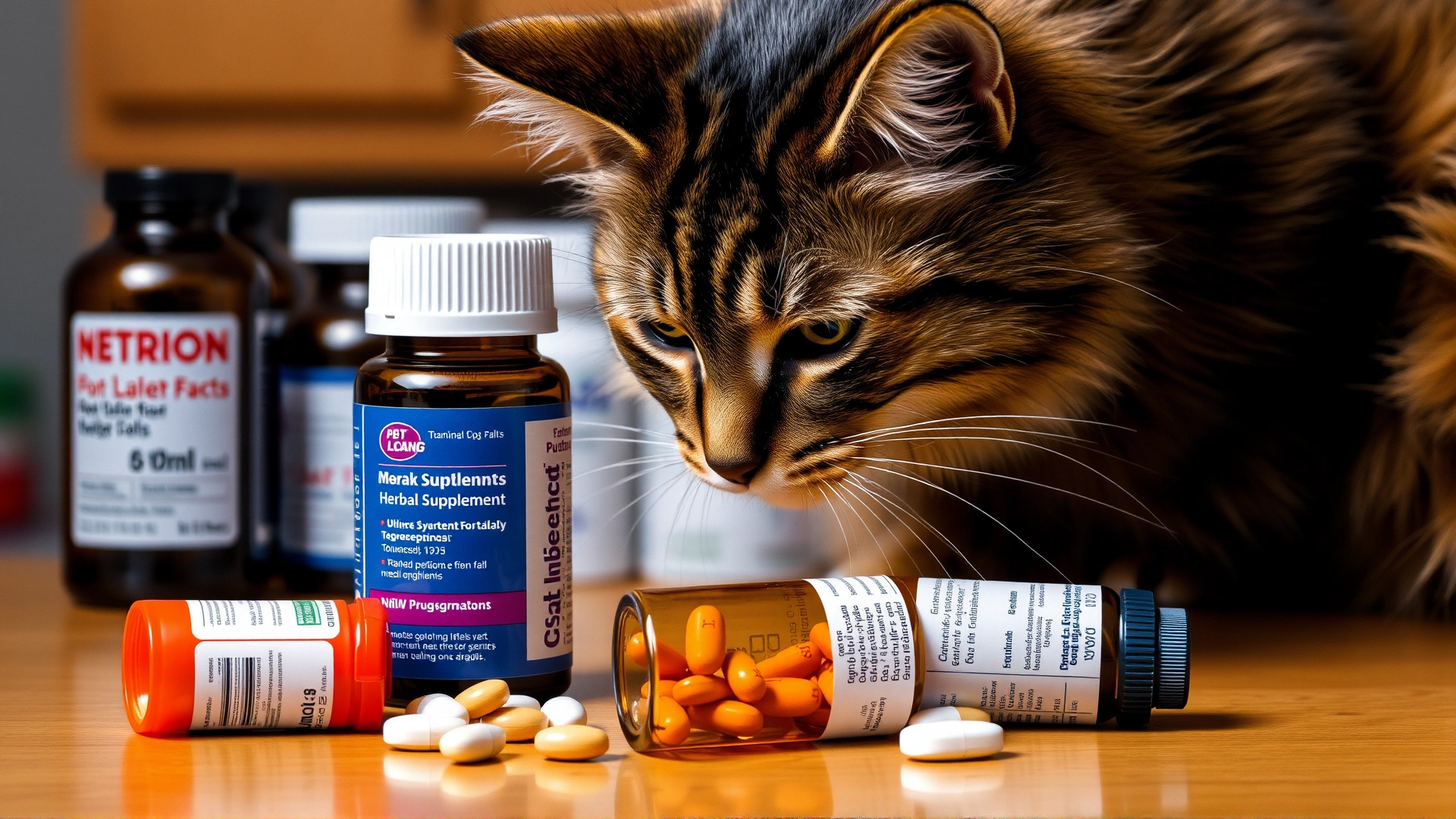 Cat sniffing a small bottle of herbal supplement on a table next to prescription pill bottles, illustrating potential drug interactions.