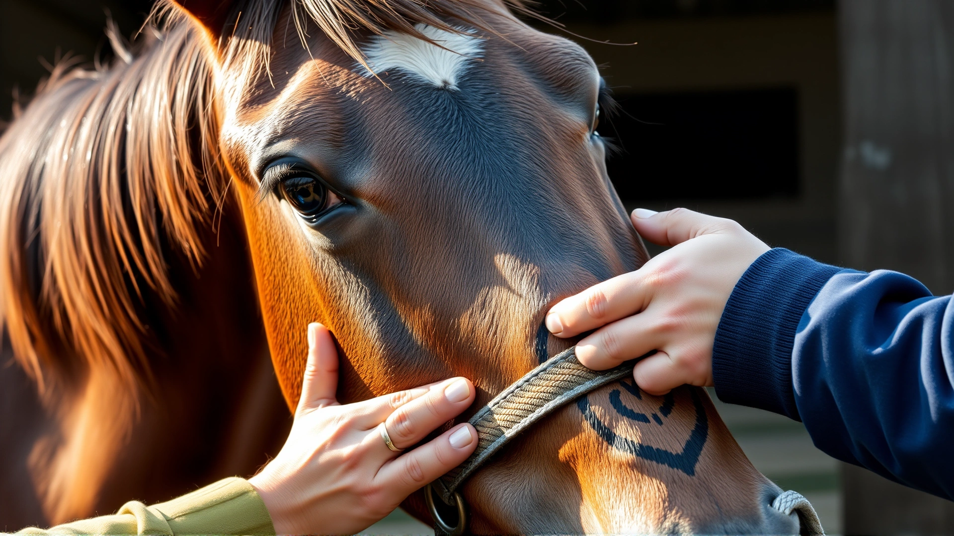 Close-up of a Morab horse gently nudging its handler, showing intelligent eyes and friendly demeanor, stable background, no text