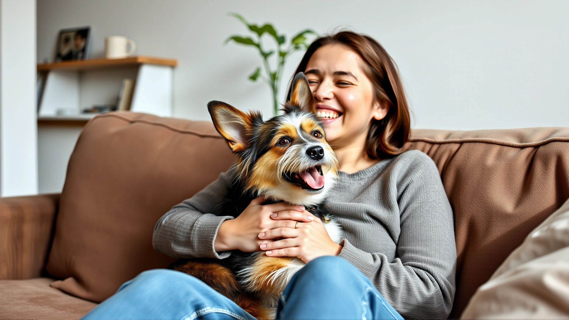 Happy young woman laughing while cuddling a small mixed-breed dog on a sofa, natural daylight