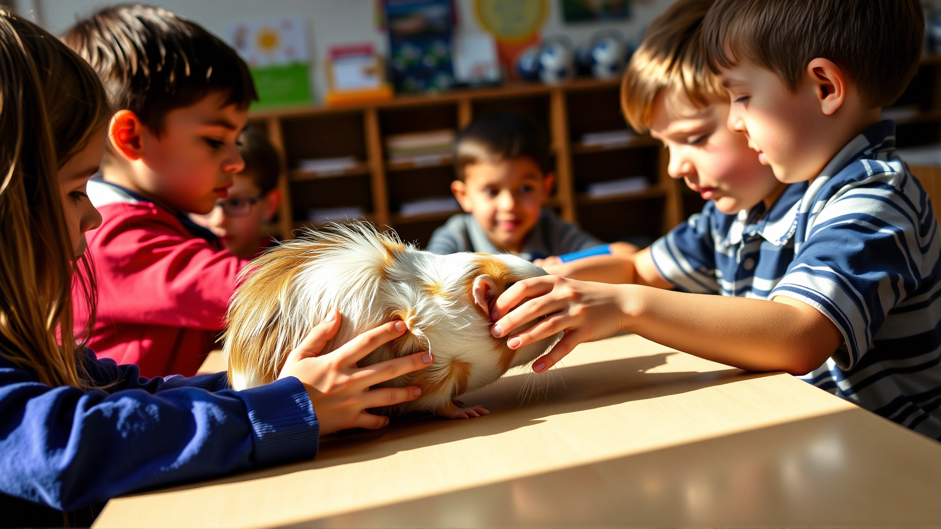Elementary school students gently petting a guinea pig on a classroom table, bright natural lighting