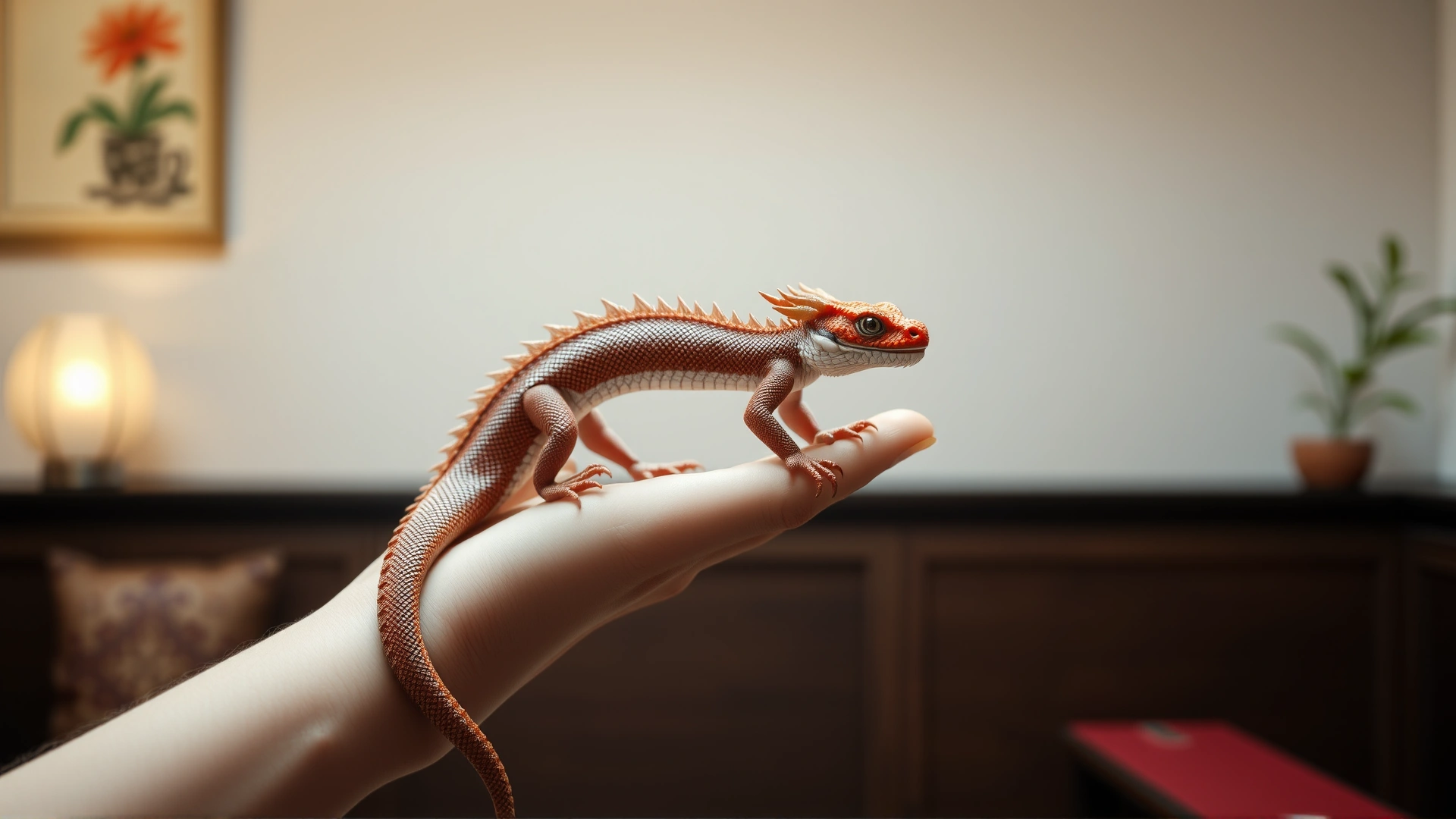 Friendly human hand gently supporting a Chinese water dragon perched on the arm, showing calm interaction in a well-lit indoor setting.