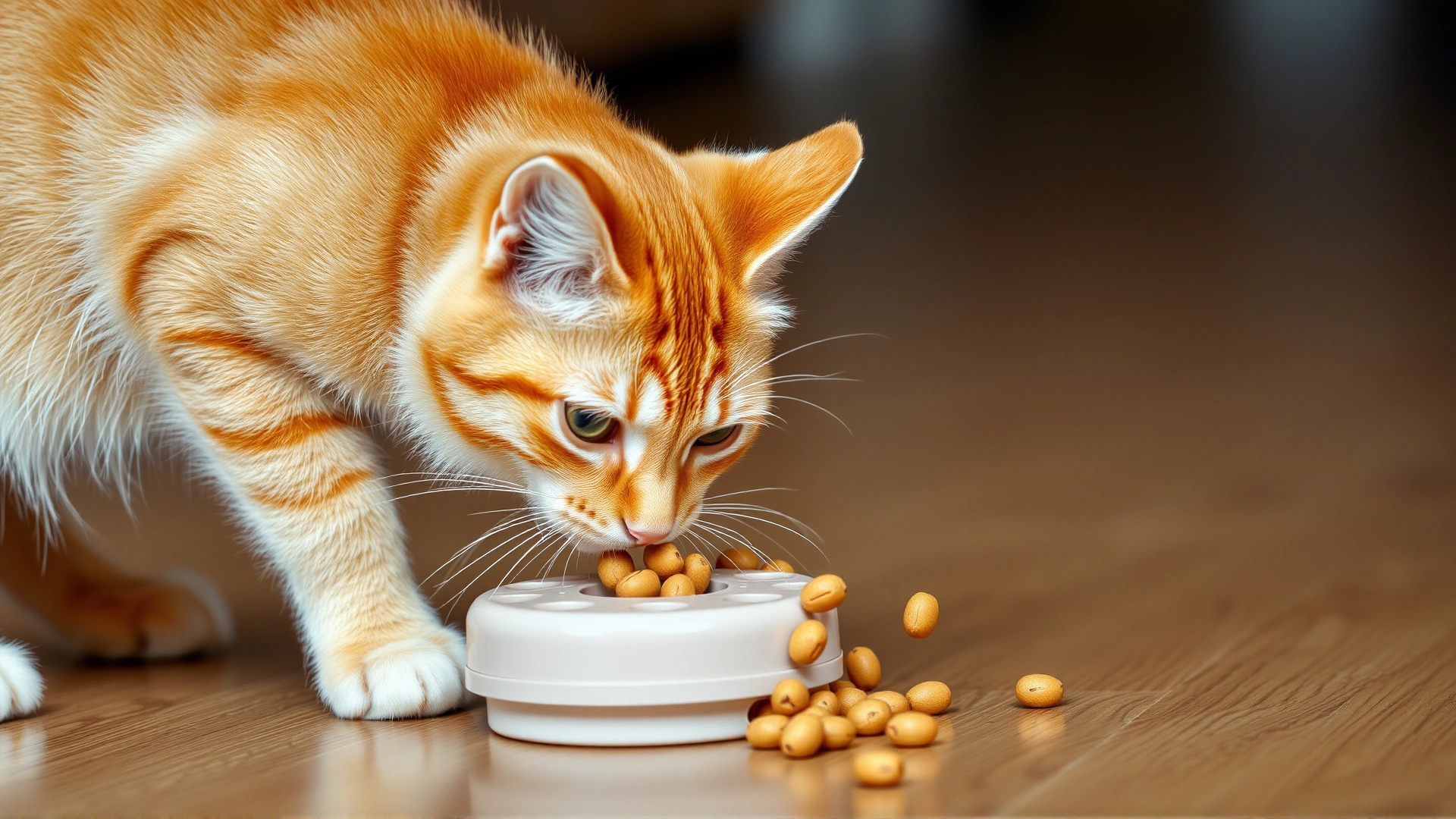 Orange tabby cat batting at a puzzle feeder toy releasing dry food pellets on a wooden floor