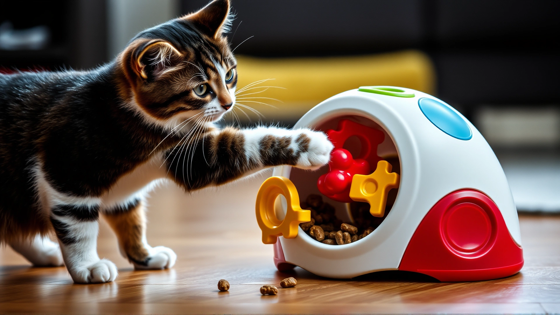 Indoor scene of a curious cat pawing at a colorful puzzle feeder toy that dispenses kibble, showing engagement and movement.