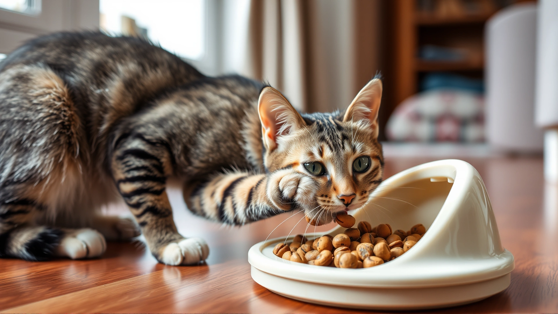 A curious tabby cat using its paw to fish out kibble from a slow feeder puzzle toy, indoor setting
