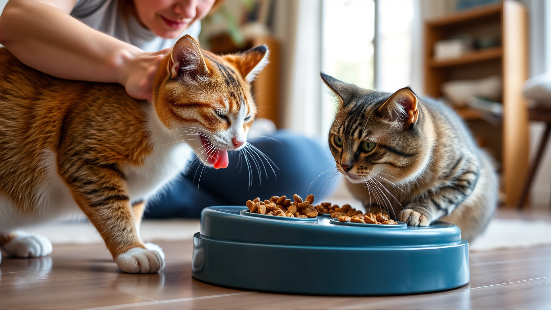 Cat parent using a slow-feeder puzzle toy to dispense kibble to an older cat in a bright living room setting.