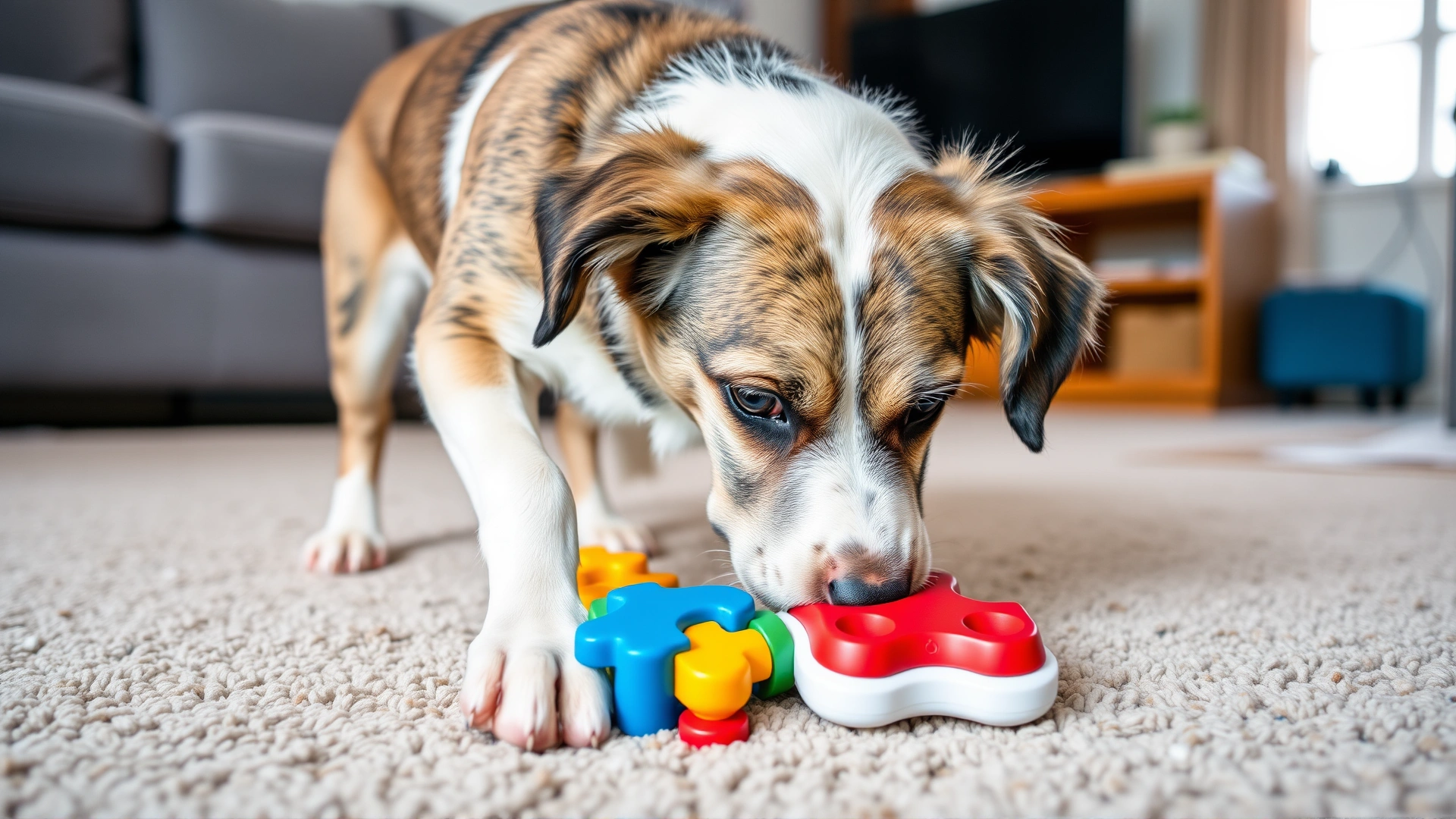Senior mixed-breed dog sniffing and pawing at a colorful food puzzle toy on a living-room carpet, bright and engaging.