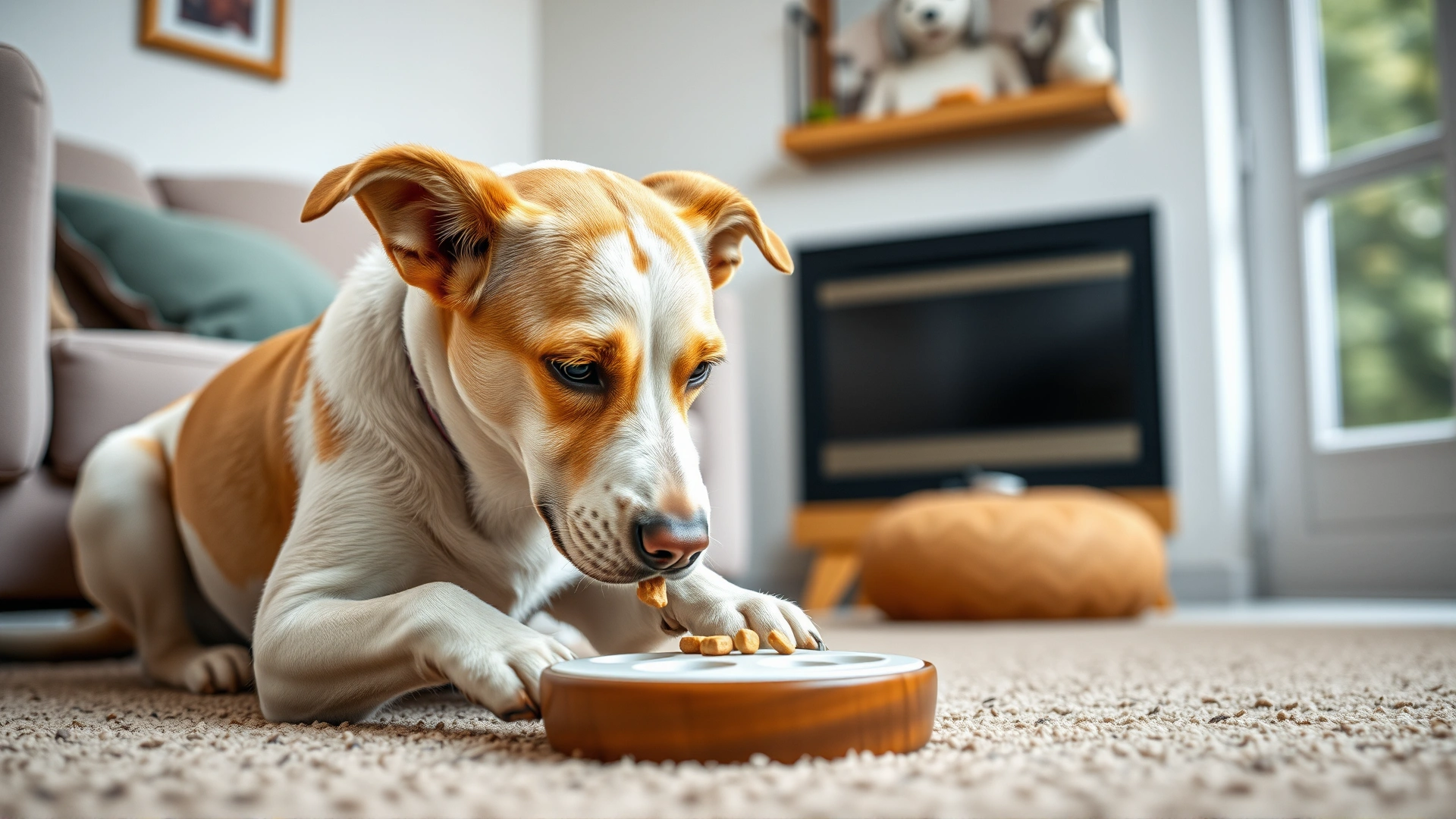 A dog indoors engaging with a treat-dispensing puzzle toy in a cozy living room setting, no text