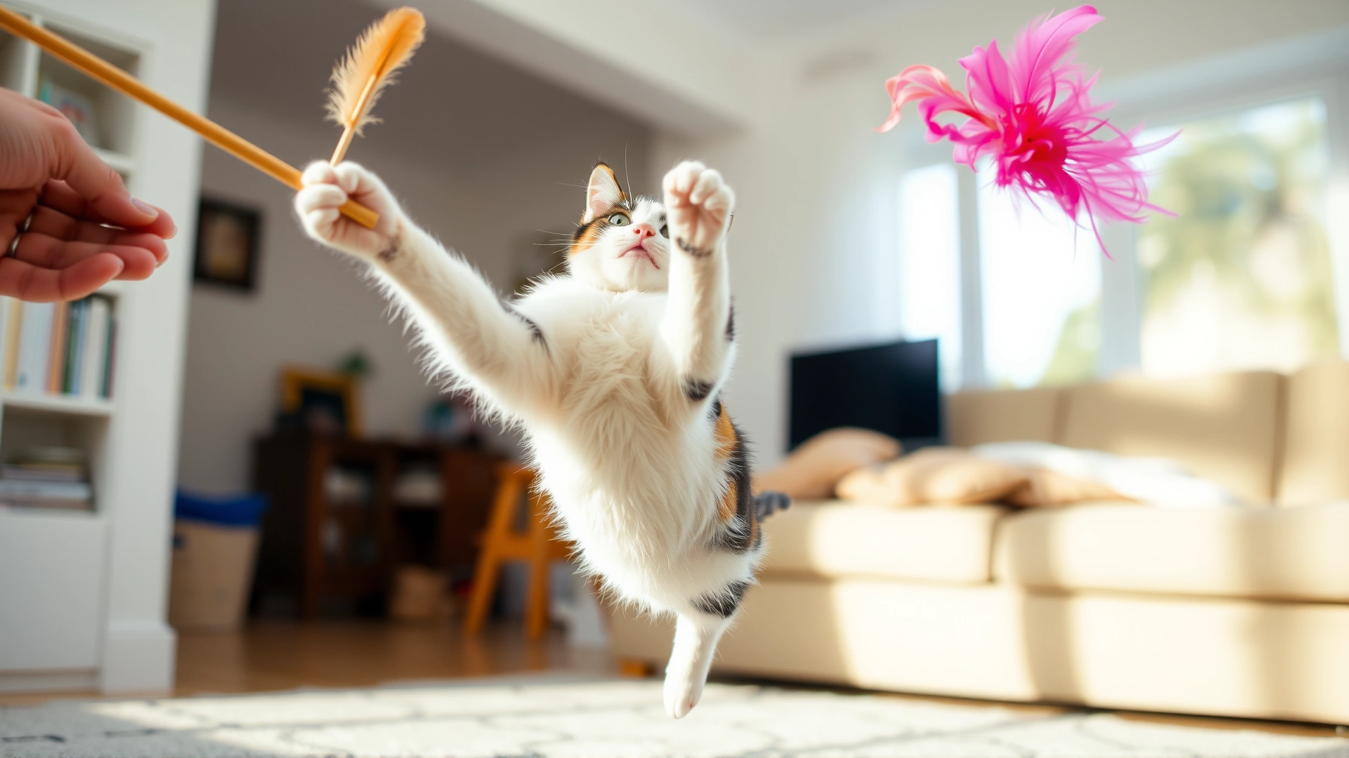 A young calico cat leaping to catch a feather wand toy held by an unseen person, captured mid-air in a bright living room.