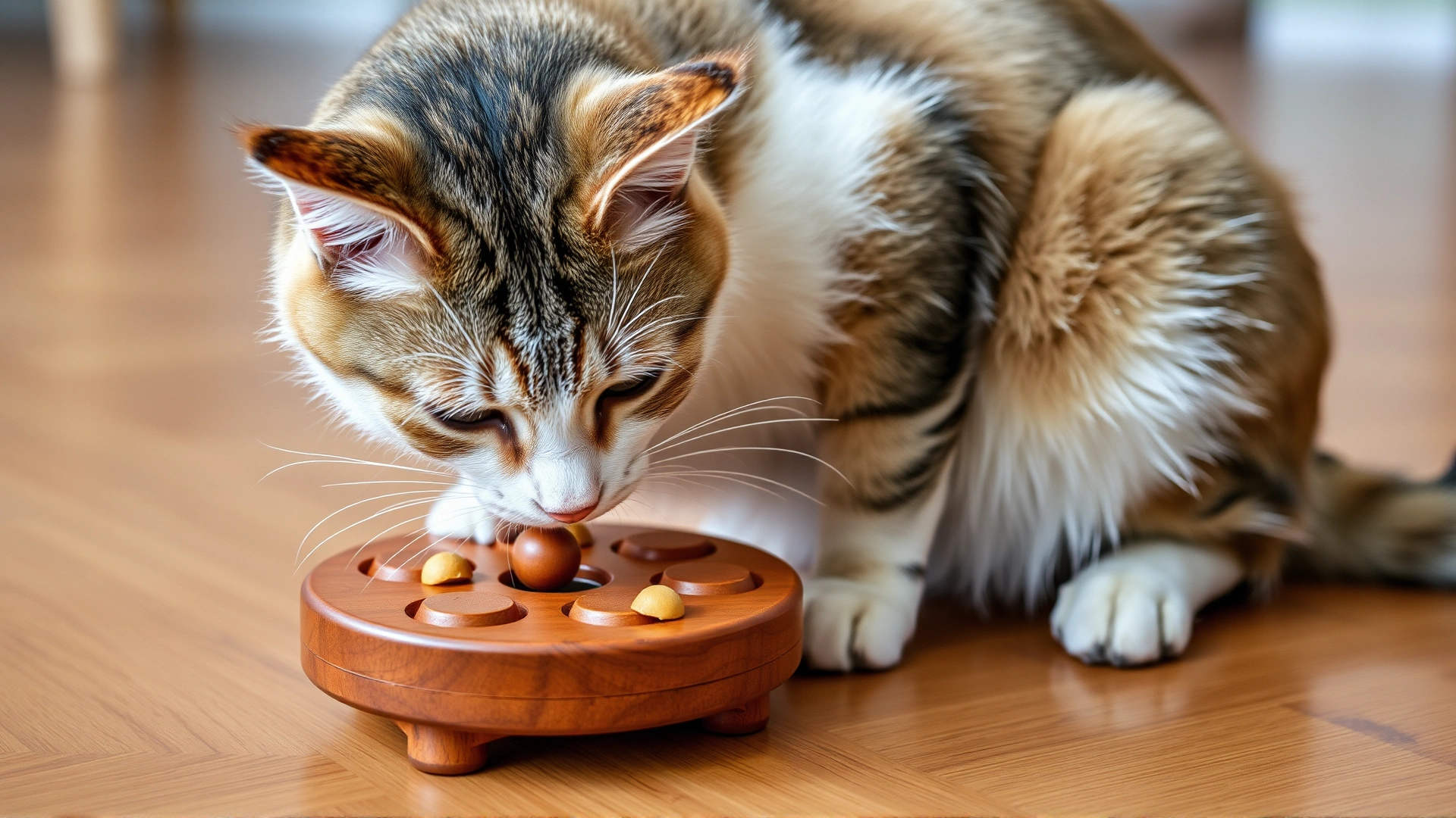 Older cat engaging with a treat-dispensing puzzle feeder on a wooden floor, demonstrating mental stimulation.