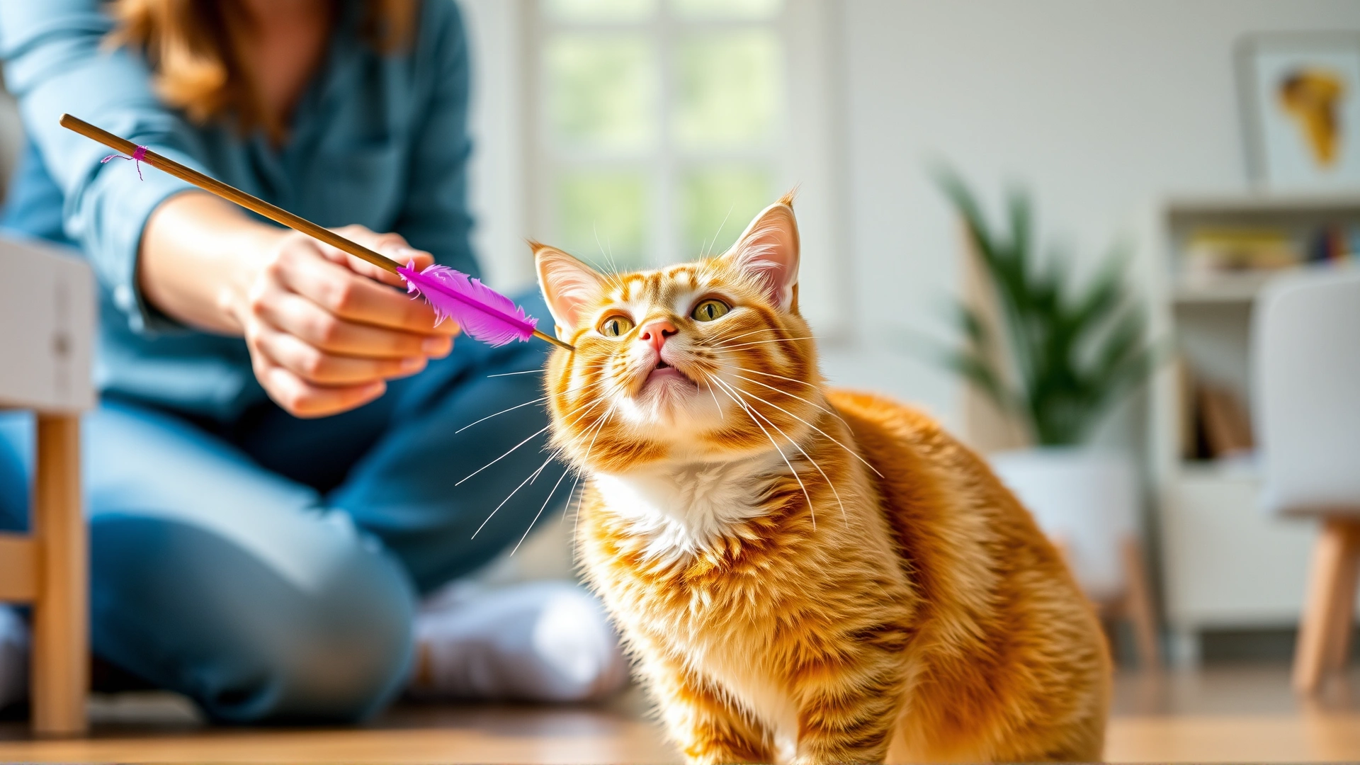 Owner using a feather wand toy to engage a playful ginger cat in an airy, bright room.