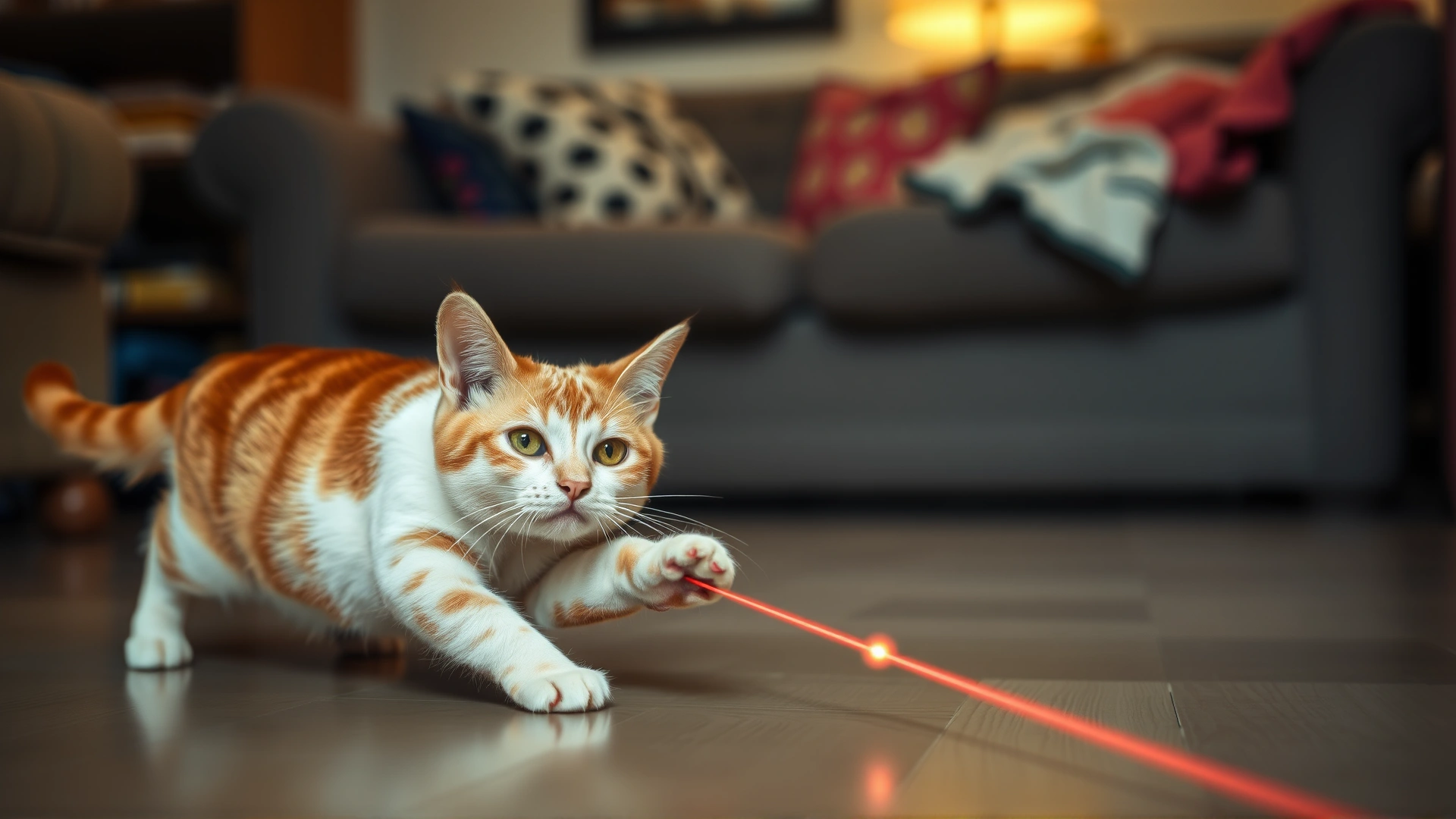 Playful scene of a deaf cat chasing a laser pointer dot on the floor, furniture blurred.