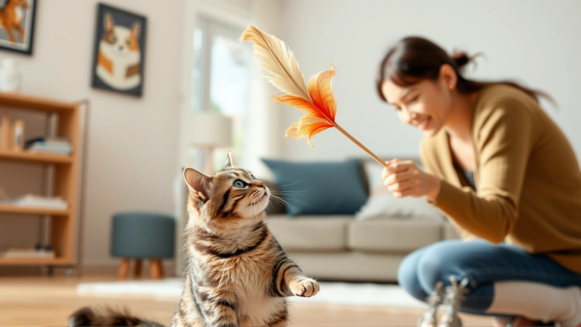 A cat owner engaging a playful tabby cat with a feather wand toy in a bright living room.