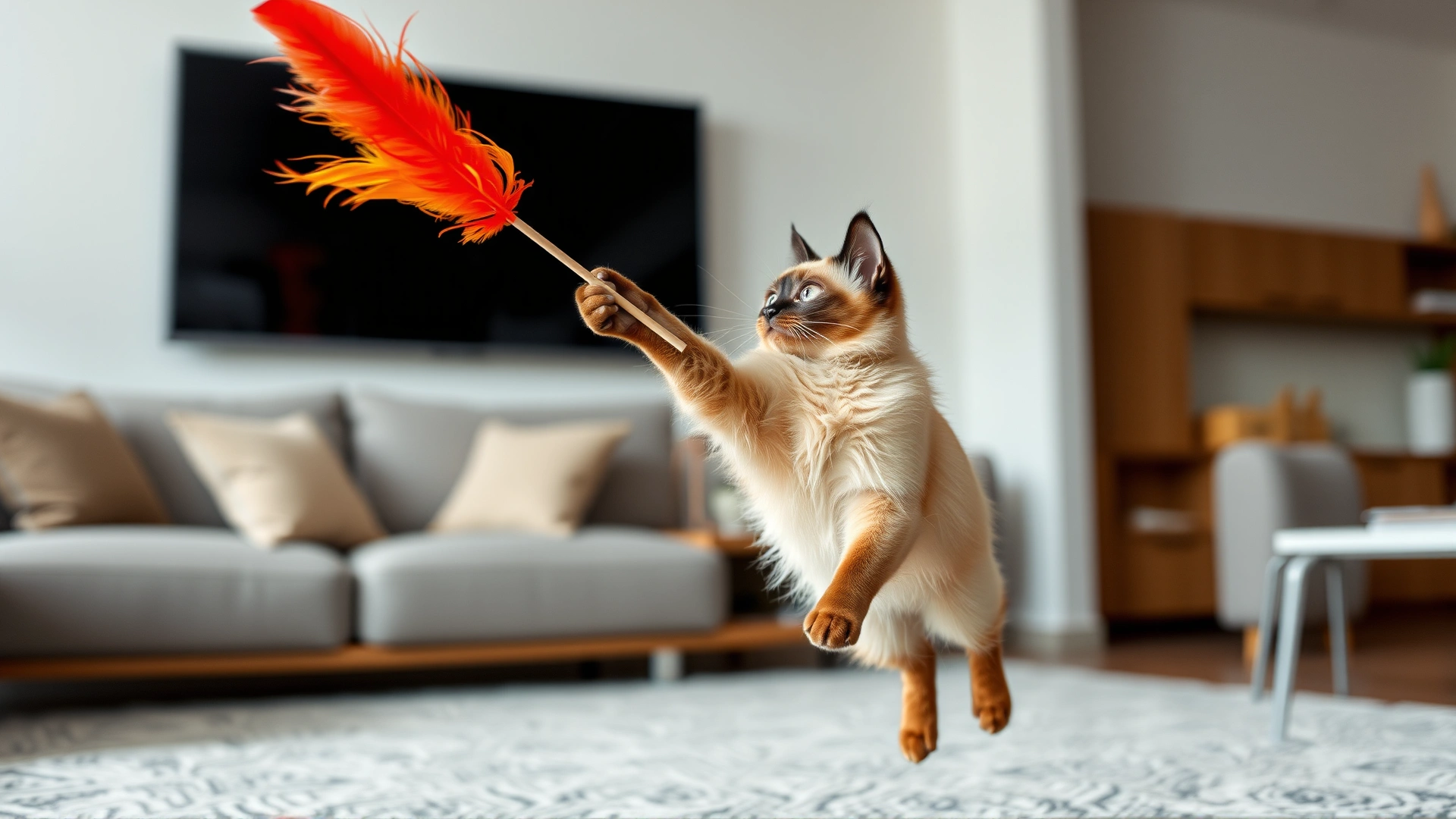 Balinese cat mid-air leaping to catch a colorful feather wand toy in a modern living room, motion blur frozen.