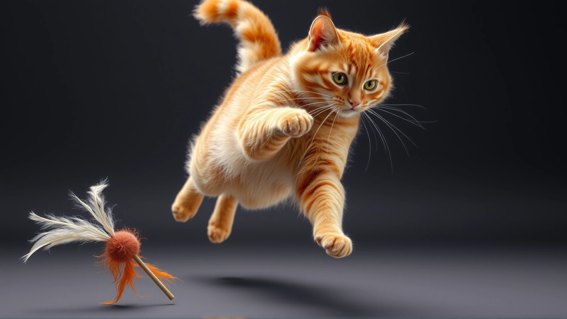 Dynamic shot of an orange cat mid-jump trying to catch a wand toy with feathers