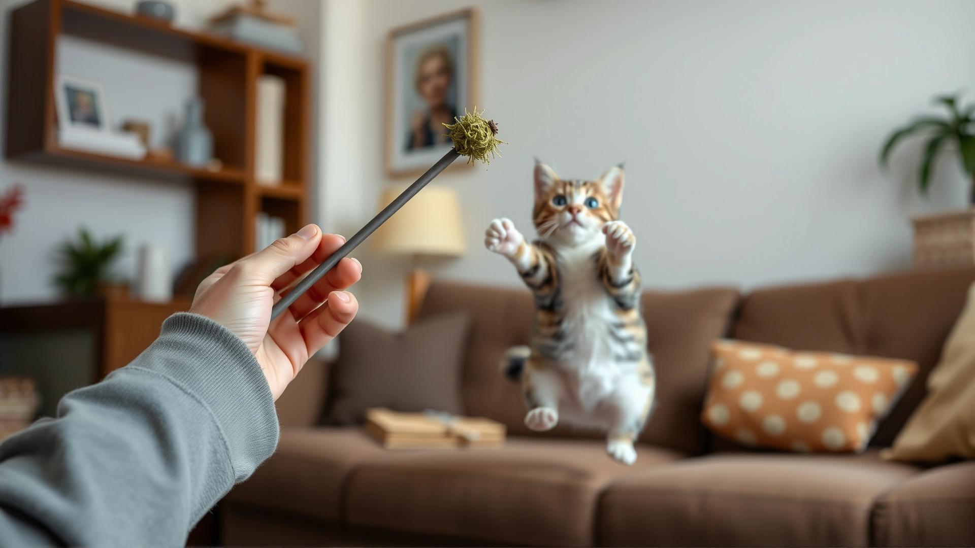 Human hand waving a wand toy filled with catnip while a jumping cat tries to catch it in a cozy living room.