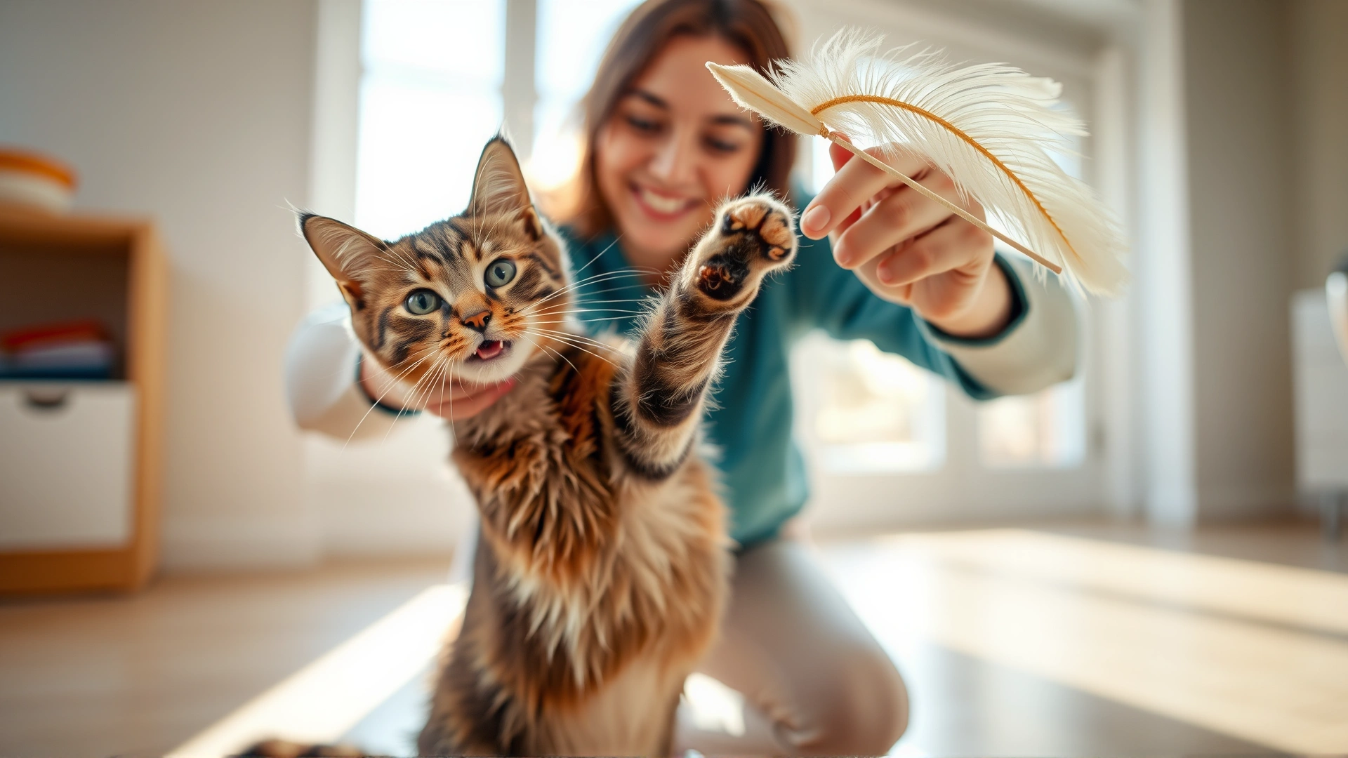 Person engaging their cat with a feather wand toy in a bright room, both appearing active and joyful.