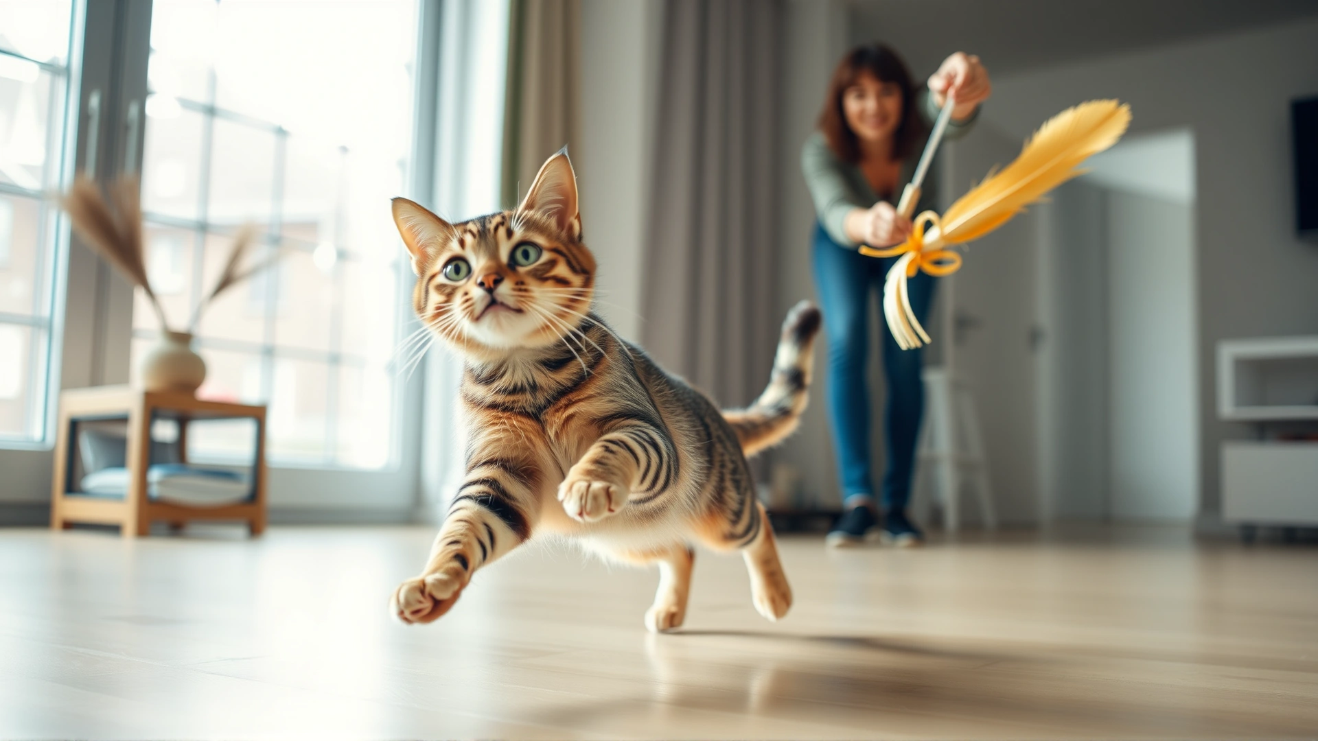 Owner using a feather wand toy with an energetic tabby cat mid-pounce in a spacious room, motion blur on the toy, joyful atmosphere.