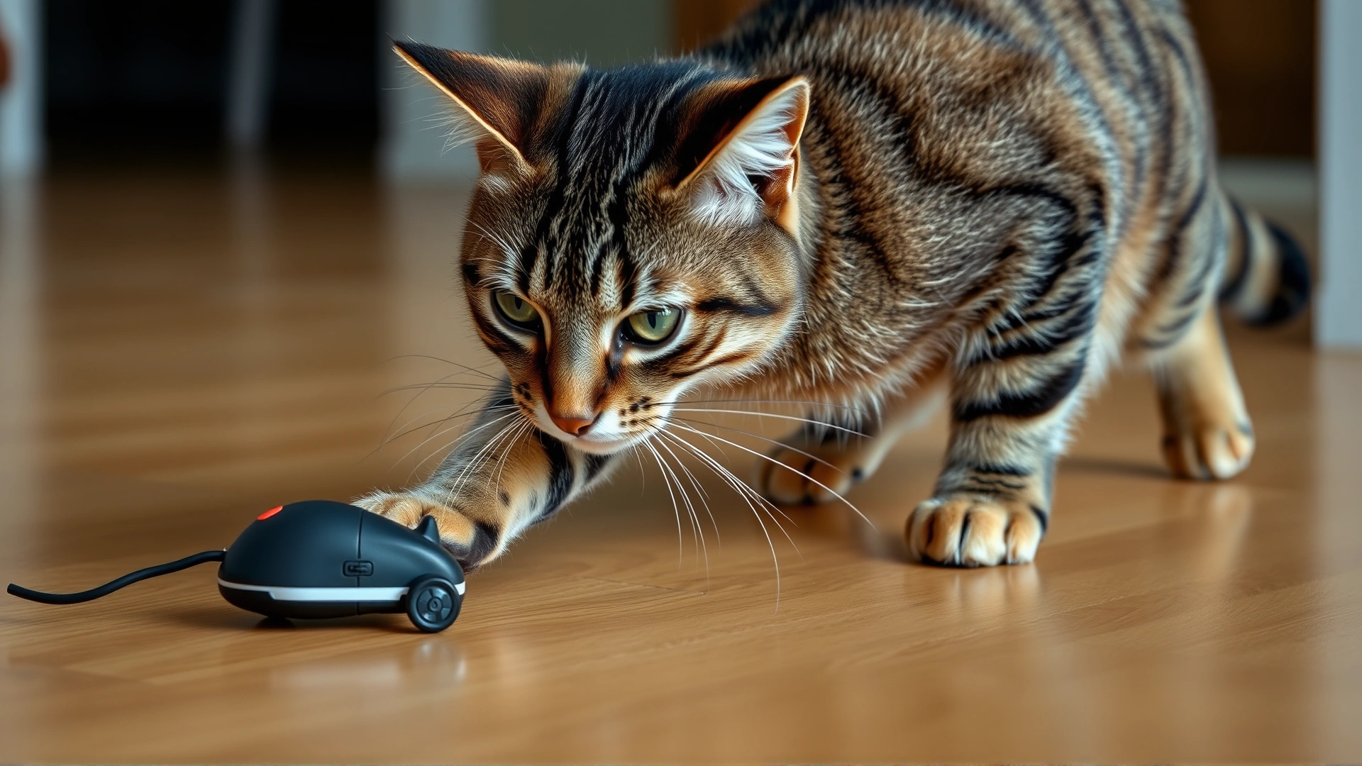 Action shot of a striped tabby cat pouncing on a small rolling robotic toy mouse on hardwood flooring.