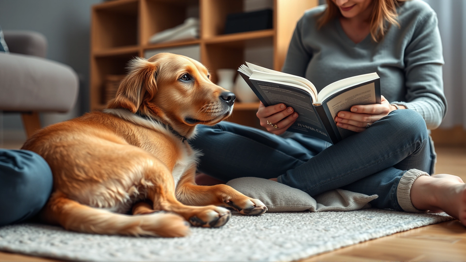 Owner sitting on the floor reading a book aloud next to a recovering dog resting on a pillow, creating a soothing environment.