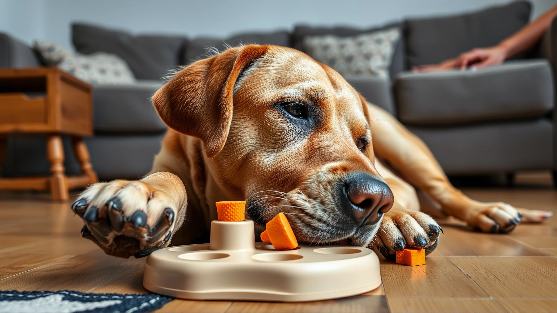 Close-up of an elderly Labrador retriever engaging with a treat-dispensing puzzle toy on the living room floor
