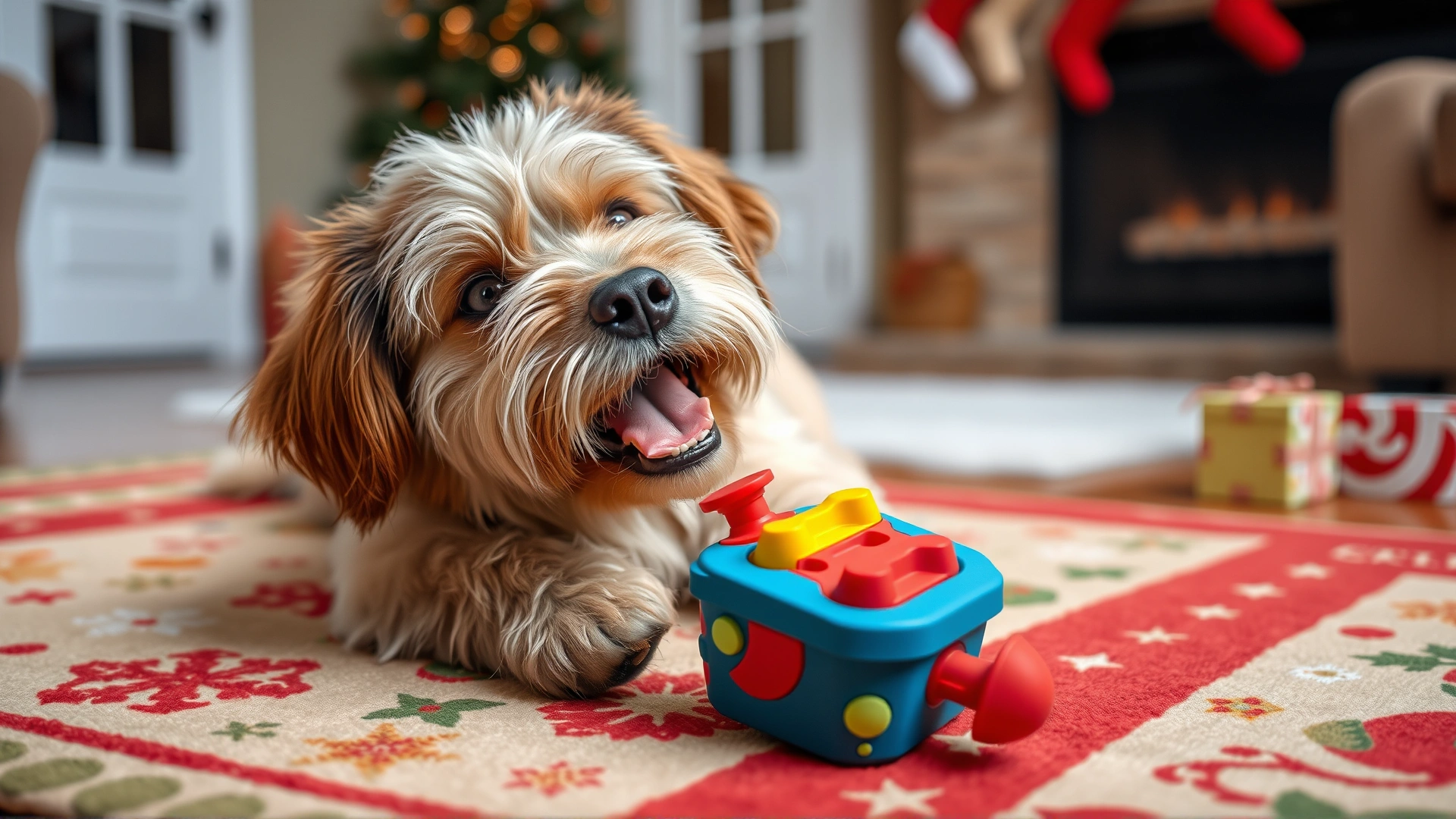 Playful dog engaging with a colorful interactive puzzle toy on a holiday-themed rug in a cozy home setting.