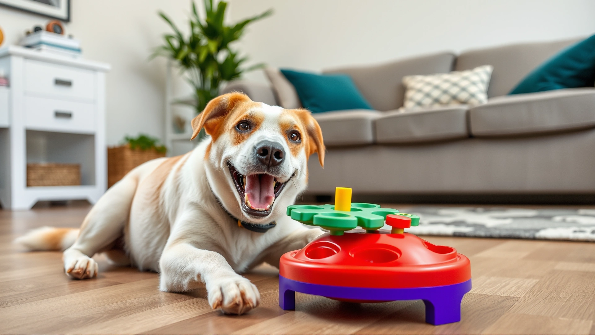 Happy dog engaging with a colorful puzzle feeder toy on a living room floor, illustrating mental stimulation, no text
