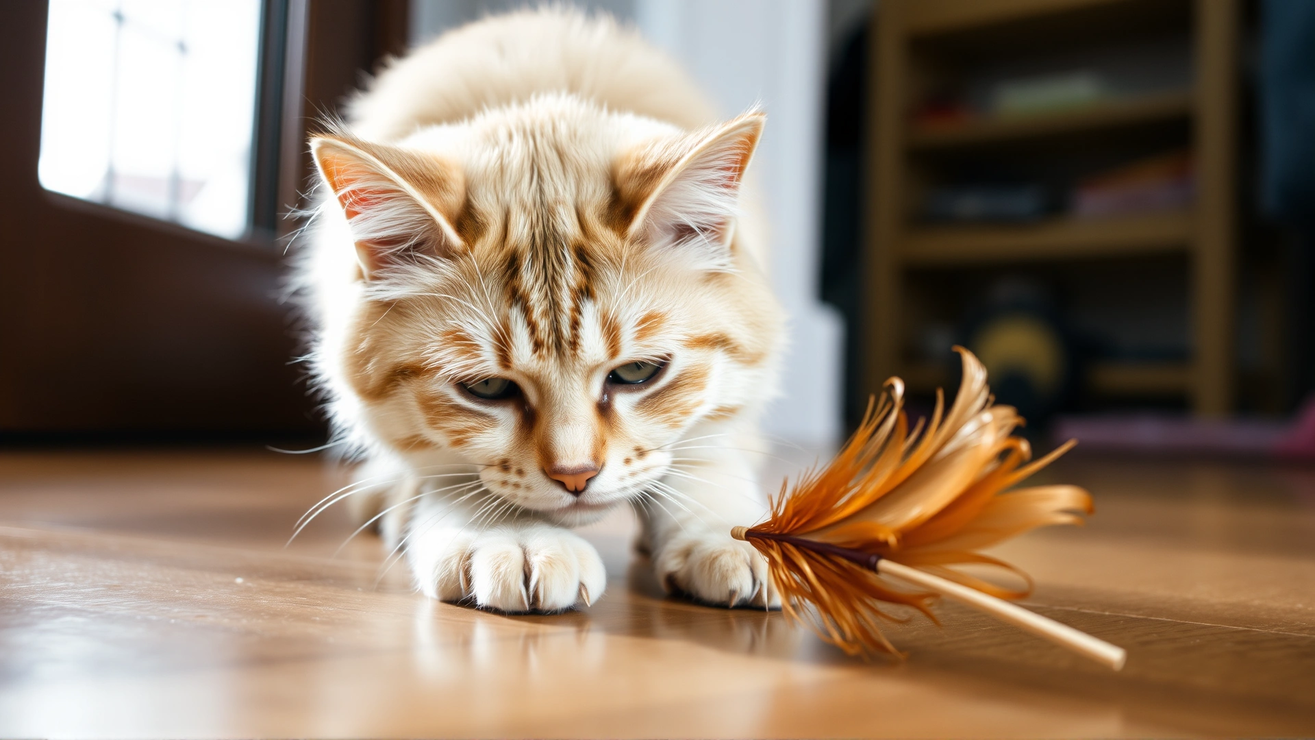 Older cat gently swatting at a feather wand toy on the floor
