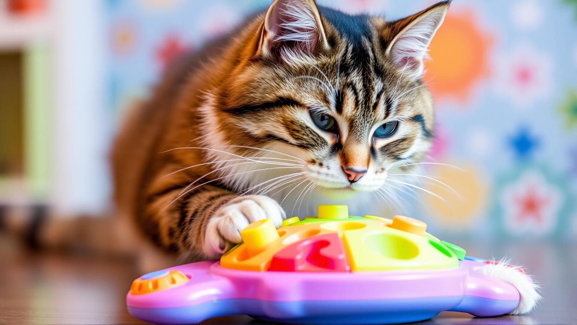 Cat interacting with a vibrating puzzle toy designed for sensory stimulation, colorful background, cheerful mood.